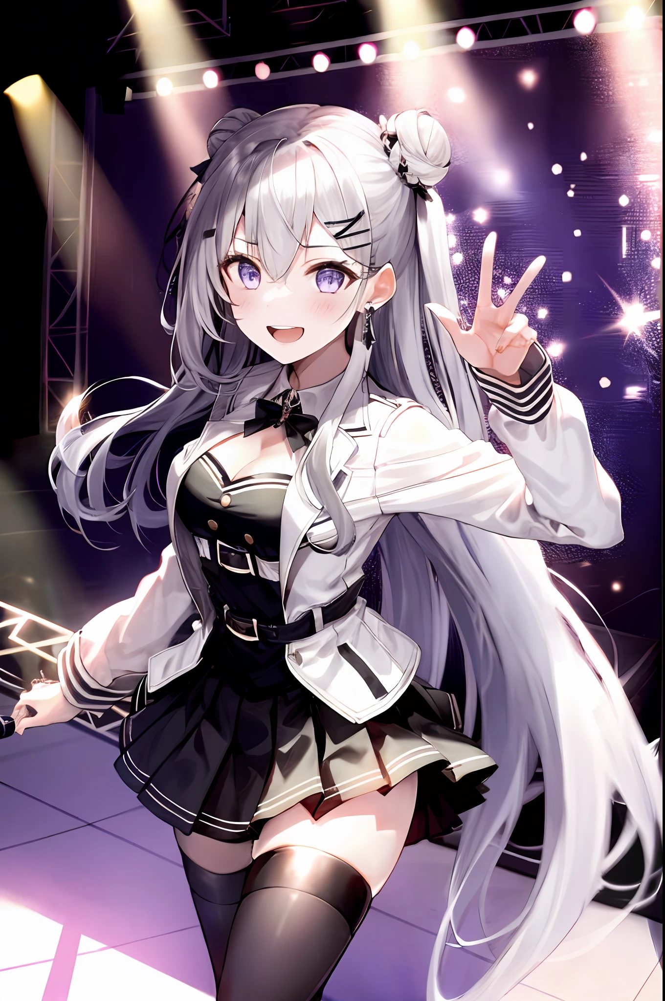 Zeta, hololive id, 1girl, solo, idol dress, akb48 costume, grab mic, singing style, black thighhighs, breasts, cleavage, pleated skirt, hair between eyes, long hair, hair ornament, double cone hair bun, looking at viewer, messy hair,  silver hair, purple eyes, solo, thighhighs, thighs, long hair, ((masterpiece)), standing, sexy pose, blush, shy, smile, open mouth, stage, on stage, stage light, idol stage, concert,