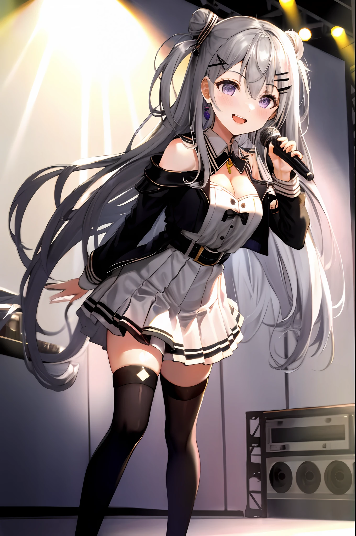 Zeta, ho****ve id, 1girl, solo, idol dress, akb48 costume, grab mic, singing style, black thighhighs, breasts, cleavage, pleated skirt, hair between eyes, long hair, hair ornament, double cone hair bun, looking at viewer, messy hair,  silver hair, purple eyes, solo, thighhighs, thighs, long hair, ((masterpiece)), standing, sexy pose, blush, shy, smile, open mouth, stage, on stage, stage light, idol stage, concert,