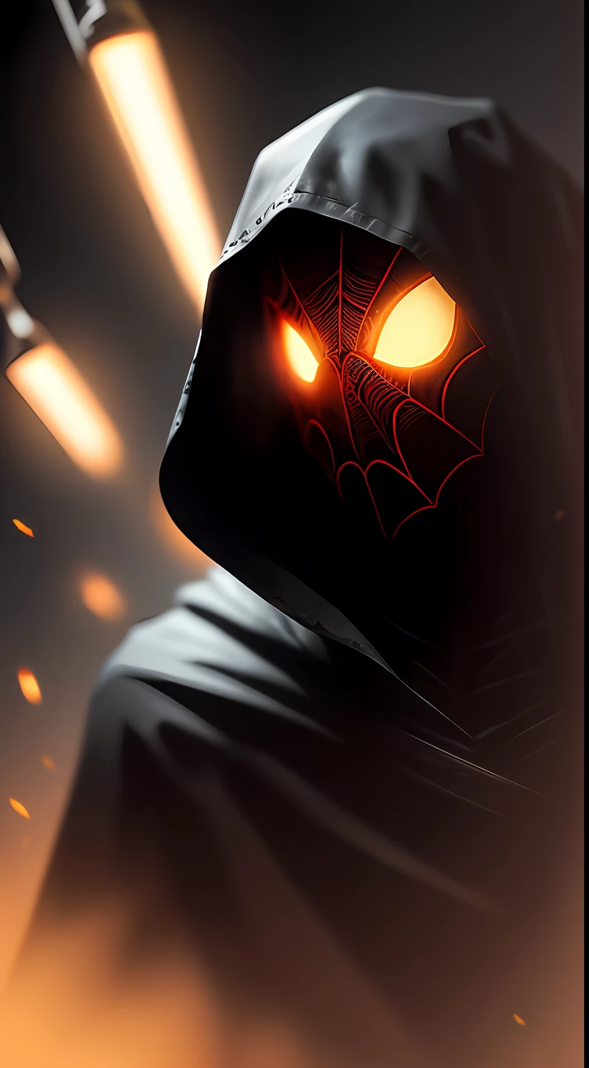 (dark shot: 1.1), epic realistic, Ghost-Spider in the dark with glowing eyes and glowing cape, soft cinematic light, Adobe Lightroom, darkroom, HDR, intricate, highly detailed, (depth of field: 1.4), hyper-detail (artstation: 1.4), cinematic, warm light, dramatic light (complex details: 1.1)