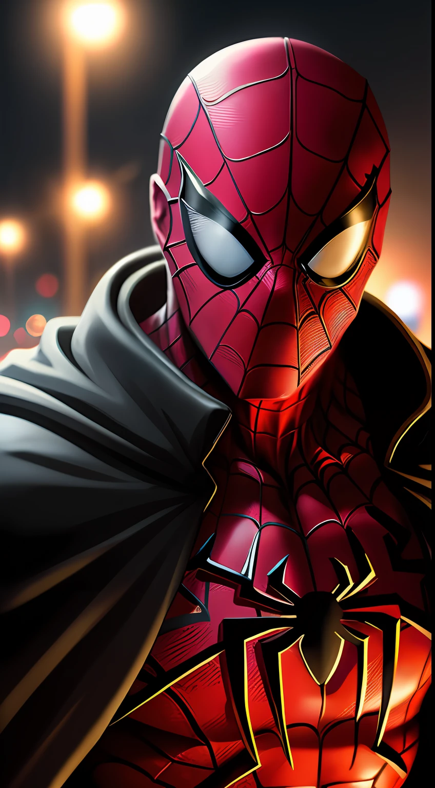 (dark shot: 1.1), epic realistic, Spider-Man Noir in the dark with glowing eyes and glowing cape, soft cinematic light, Adobe Lightroom, darkroom, HDR, intricate, highly detailed, (depth of field: 1.4), hyper-detail (artstation: 1.4), cinematic, warm light, dramatic light (complex details: 1.1)