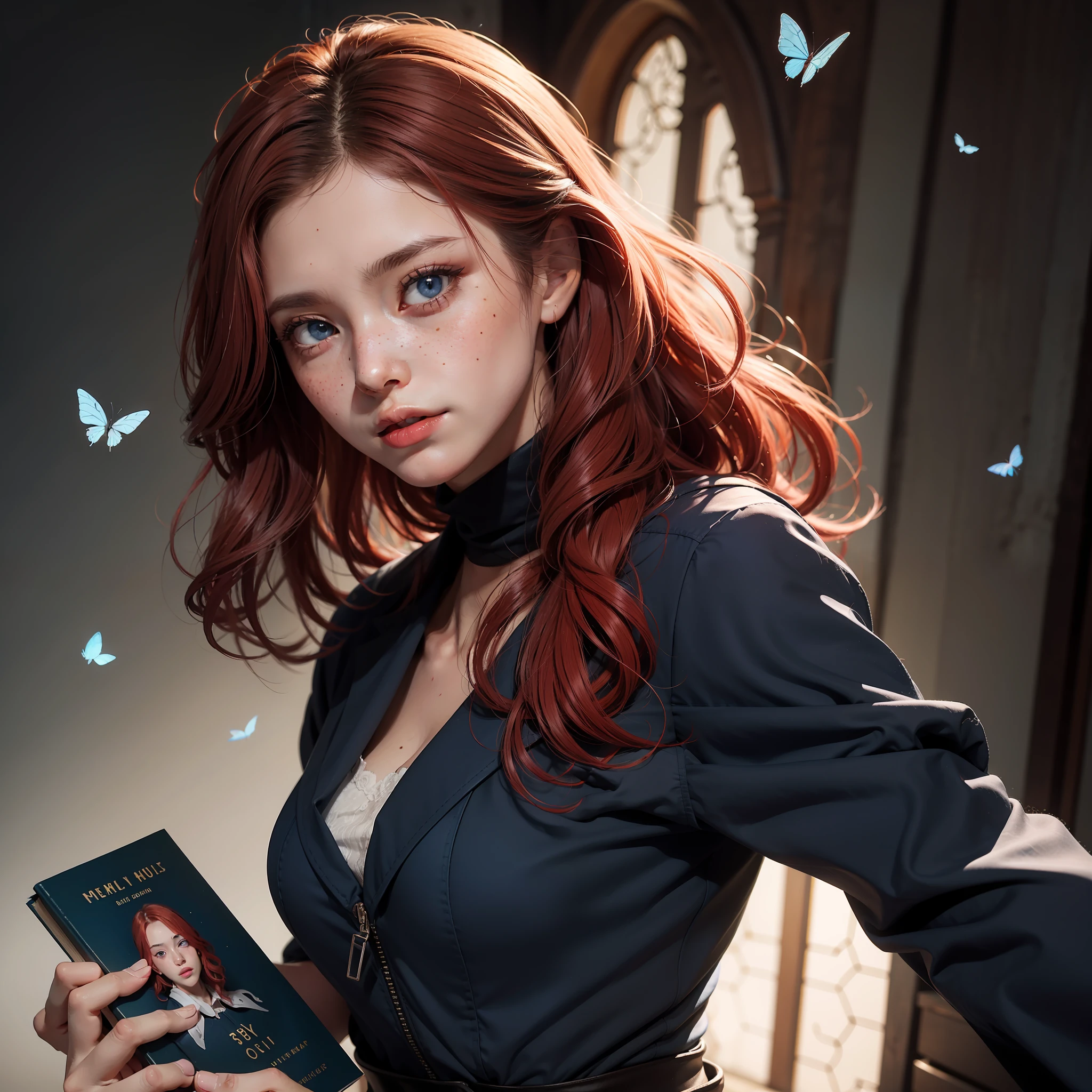 (absurd, highres, ultra detailed), 1 woman, adult, beautiful, tall woman, finely detailed eyes, light red colored hair, long wavy hair, demon behind woman, complex pattern, detailed face, adult face, no hands appearing, mouth closed tightly, (Dutch angle), overcoat, night, dark blue eyes, butterflies flying around, freckles, adult face, mature, holding a book