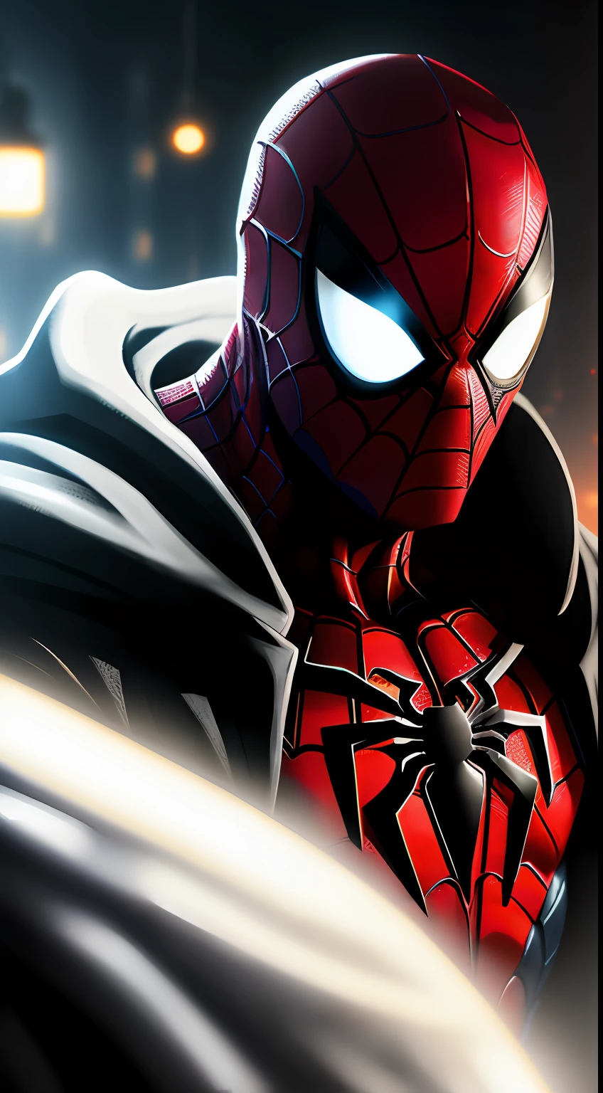 (dark shot: 1.1), epic realistic, Spider-Man Noir in the dark with glowing eyes and glowing cape, soft cinematic light, Adobe Lightroom, darkroom, HDR, intricate, highly detailed, (depth of field: 1.4), hyper-detail (artstation: 1.4), cinematic, warm light, dramatic light (complex details: 1.1)