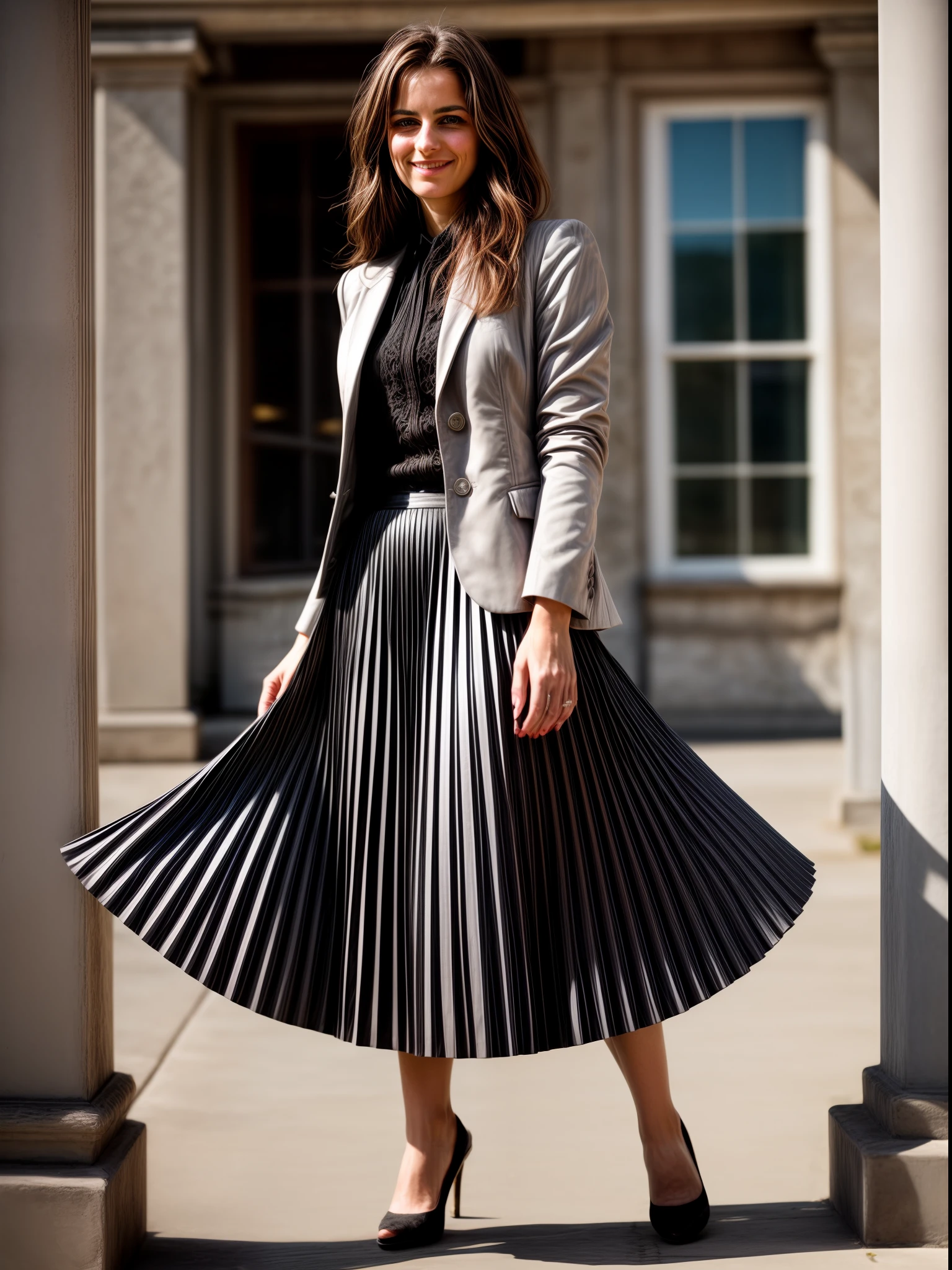 authentic (very shy smiling) good woman wearing a short blazer with a very very detailed (long (fully pleated) full circle skirt) and (simple) low heeled office shoes, very very intricate hyper-detailed symmetric (attractive graceful young feminine face) with (sad, tired eyes and shy smile:1,8), full of empathy and compassion and love, (pronounced (feminine) features), (highly detailed ultra accurate realistic) hands and fingers, (windy conditions and wind blowing), epic composition, highly detailed attributes, highly detailed atmosphere, (35mm f1.4 Kodak portra 400 photograph), extremely high quality RAW photograph, intricate, Exquisite details and textures,