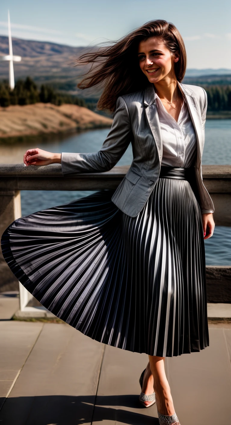 authentic (very shy smiling) good woman wearing a short blazer with a very very detailed (long (fully pleated) full circle skirt) and (simple) low heeled office shoes, very very intricate hyper-detailed symmetric (attractive graceful young feminine face) with (sad, tired eyes and shy smile:1,8), full of empathy and compassion and love, (pronounced (feminine) features), (highly detailed ultra accurate realistic) hands and fingers, (windy conditions and wind blowing), epic composition, highly detailed attributes, highly detailed atmosphere, (35mm f1.4 Kodak portra 400 photograph), extremely high quality RAW photograph, intricate, Exquisite details and textures,
