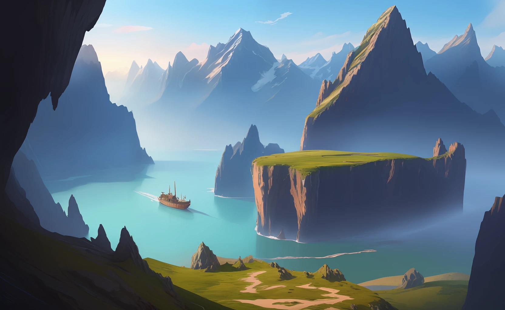 there is a picture of a mountain with a boat in it, floating mountains, avatar landscape, mountainside, mountainscape, mountainous area, painted as a game concept art, rocky environment, environment concept art, g liulian art style, concept piece, environment concept, background art, environment art, mountains, concept world art, mountainous, cliffs