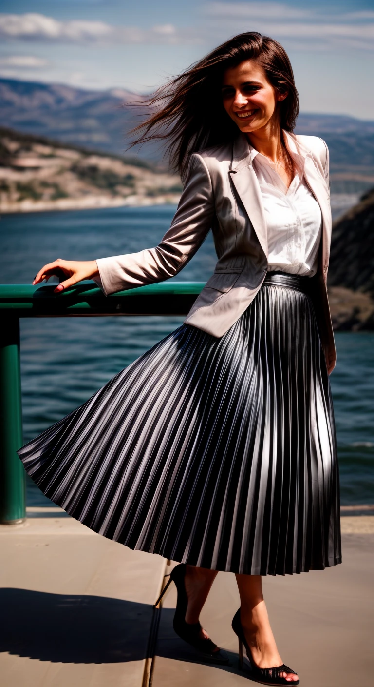 authentic (very shy smiling) good woman wearing a short blazer with a very very detailed (long (fully pleated) full circle skirt) and (simple) low heeled office shoes, very very intricate hyper-detailed symmetric (attractive graceful young feminine face) with (sad, tired eyes and shy smile:1,8), full of empathy and compassion and love, (pronounced (feminine) features), (highly detailed ultra accurate realistic) hands and fingers, (windy conditions and wind blowing), epic composition, highly detailed attributes, highly detailed atmosphere, (35mm f1.4 Kodak portra 400 photograph), extremely high quality RAW photograph, intricate, Exquisite details and textures,