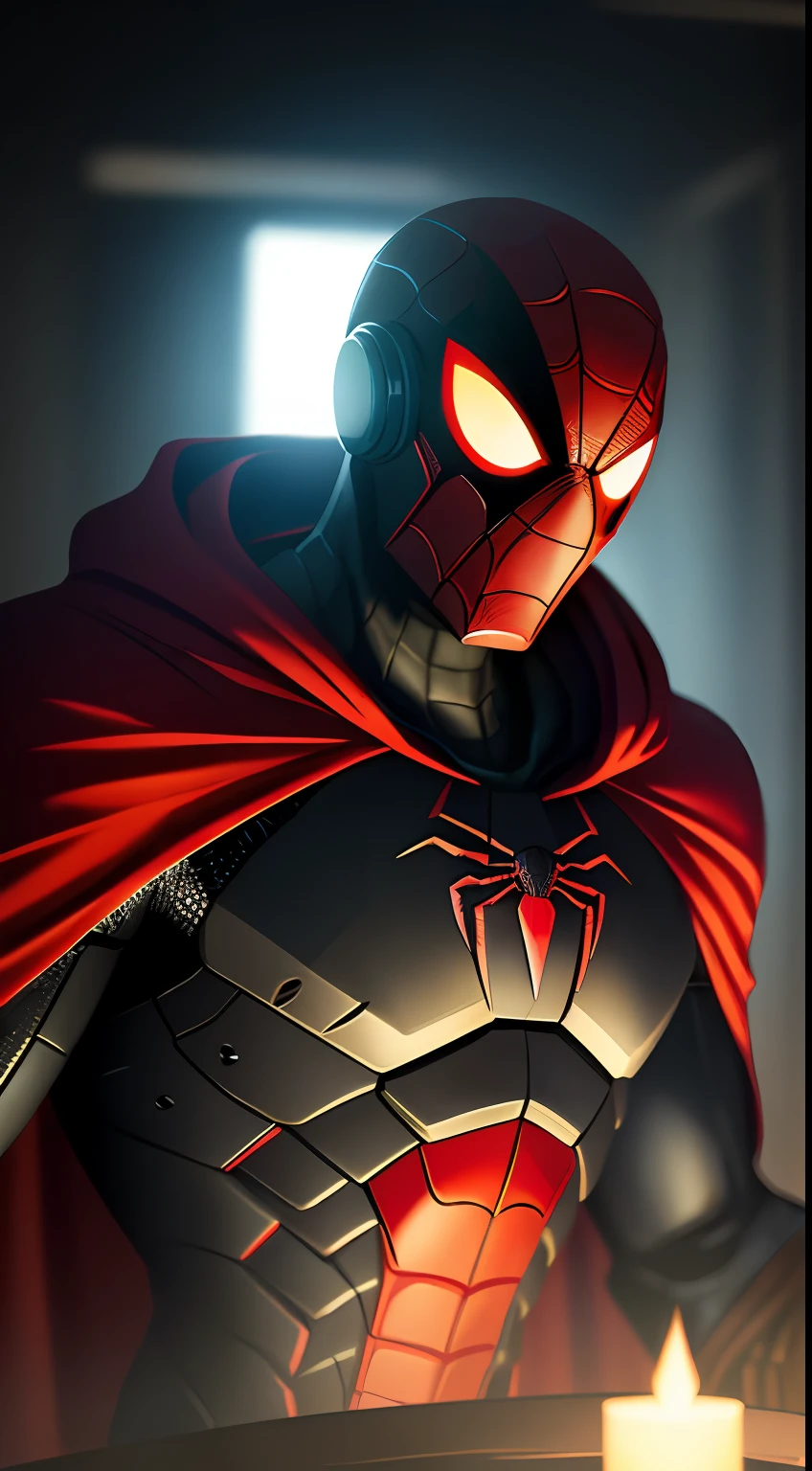 (dark shot: 1.1), epic realistic, Spider-Biodroid in the dark with glowing eyes and glowing cape, soft cinematic light, Adobe Lightroom, darkroom, HDR, intricate, highly detailed, (depth of field: 1.4), hyper-detail (artstation: 1.4), cinematic, warm light, dramatic light (complex details: 1.1)