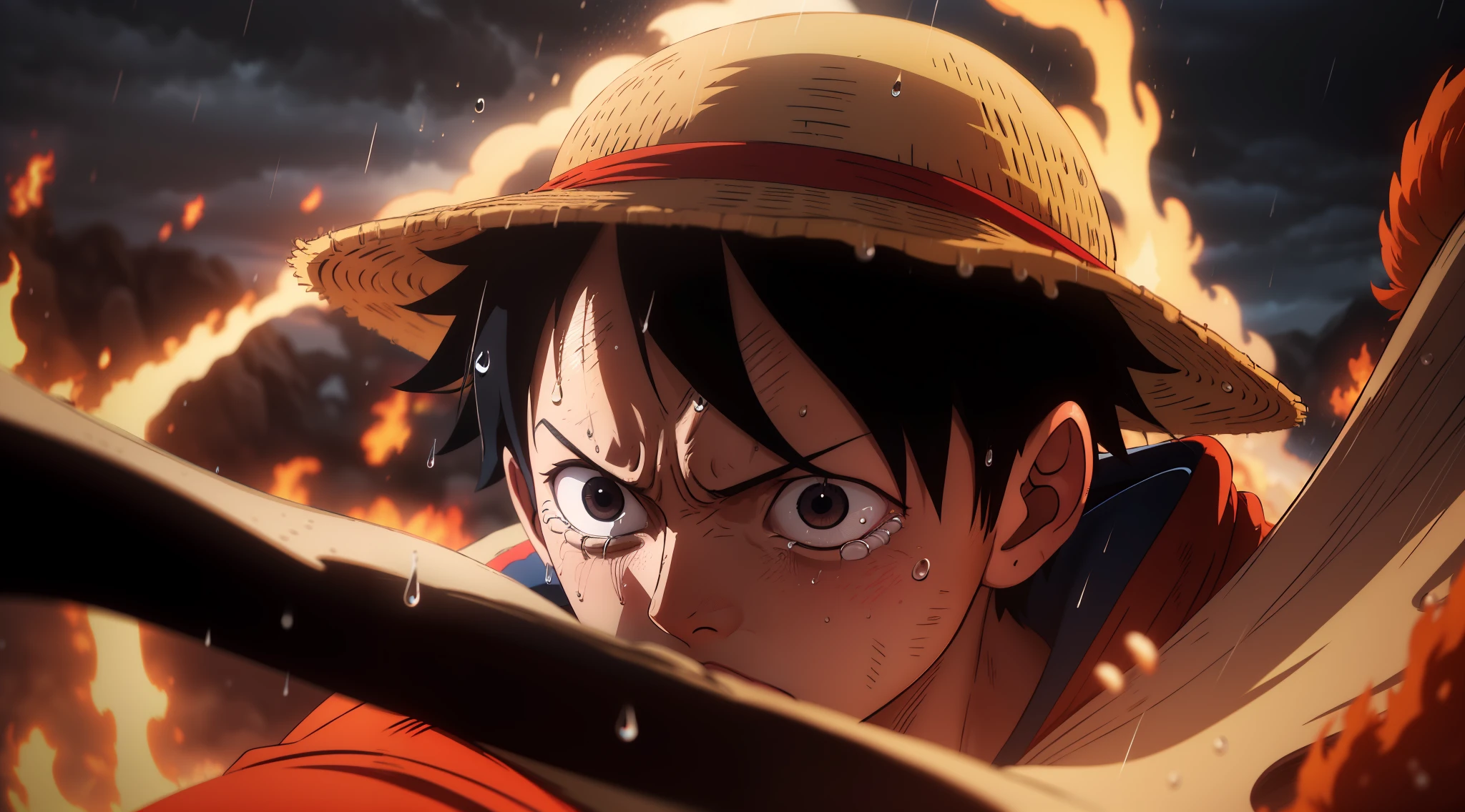 8k, no watermark, six characters (Ace, Luffy, Naruto, Jiraya) richly detailed, incredibly immersive and atmospheric environment, sad, mournful and nostalgic tone, rain, crying, bluish and flaming environment, blue sky, bluish background, rain, thunder, foggy environment, all blue, blue, blue, blue, blue, bluish tone.