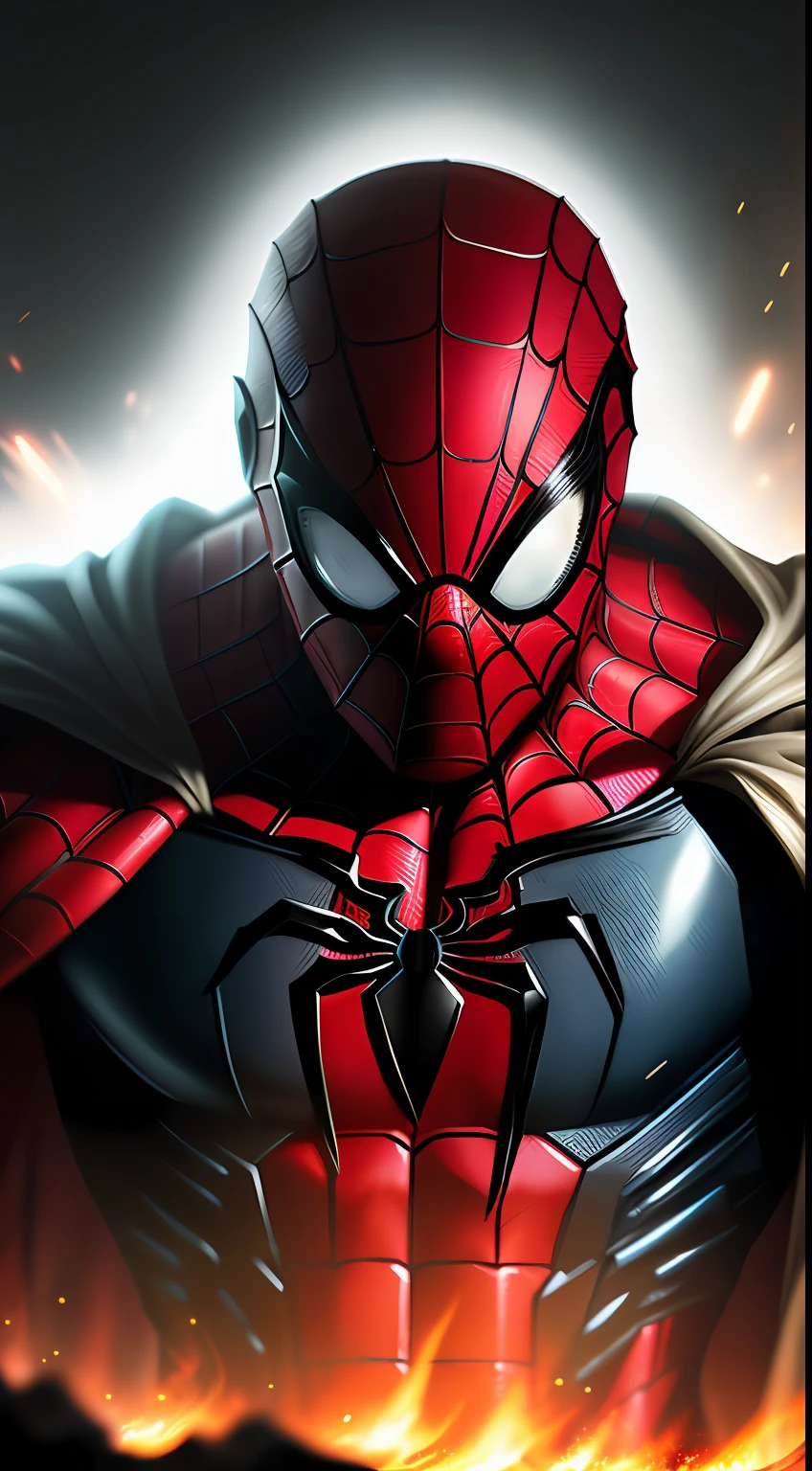(dark shot: 1.1), epic realistic, The Savage Spider-Man in the dark with glowing eyes and glowing cape, soft cinematic light, Adobe Lightroom, darkroom, HDR, intricate, highly detailed, (depth of field: 1.4), hyper-detail (artstation: 1.4), cinematic, warm light, dramatic light (complex details: 1.1)