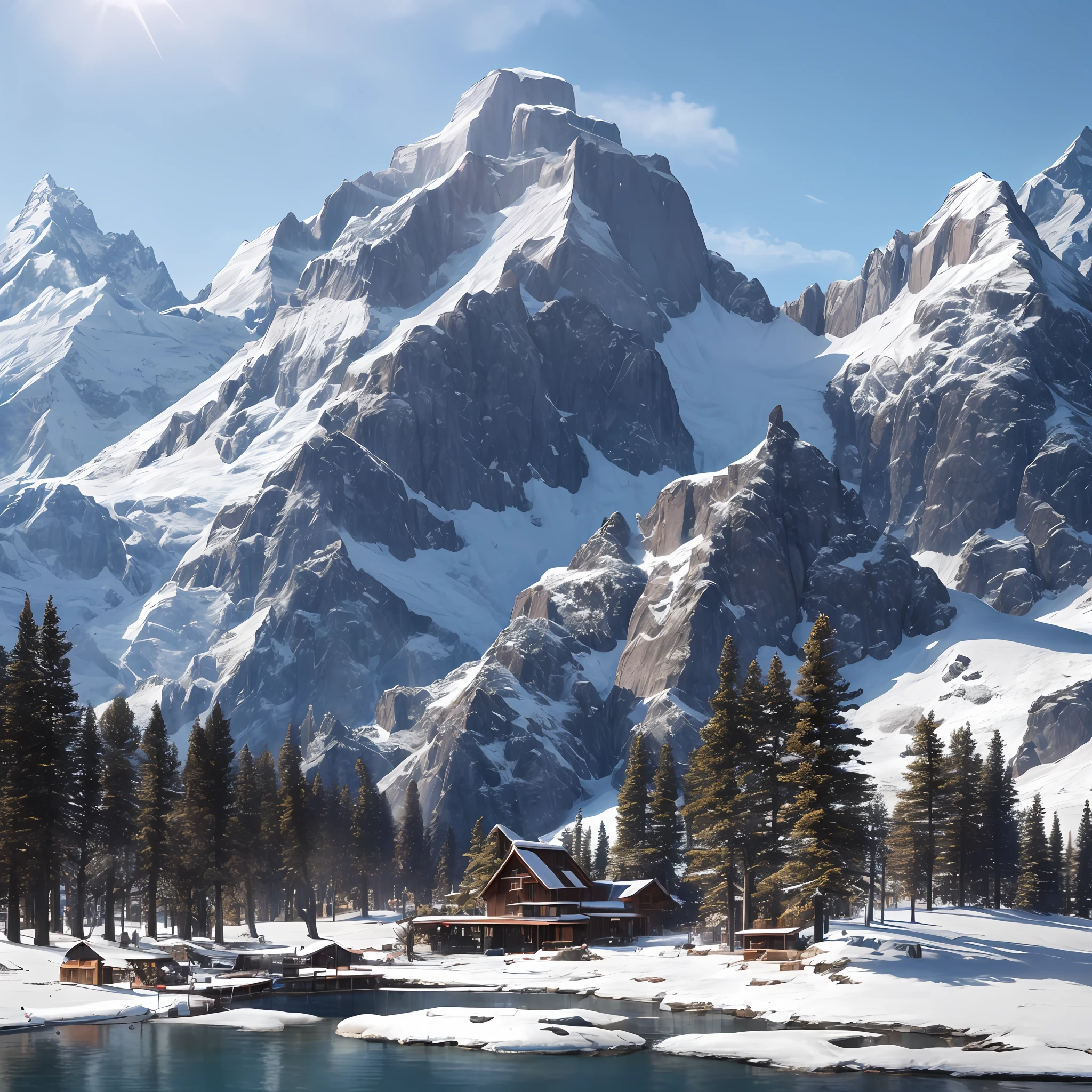 Patagonia, lake on the slope of a mountain with snow on the peak, curved cypress in the right corner of the photo, irregular stone house on the left of the photo, raining sun on the mountain peak, super realistic images, 4k Full hd --auto