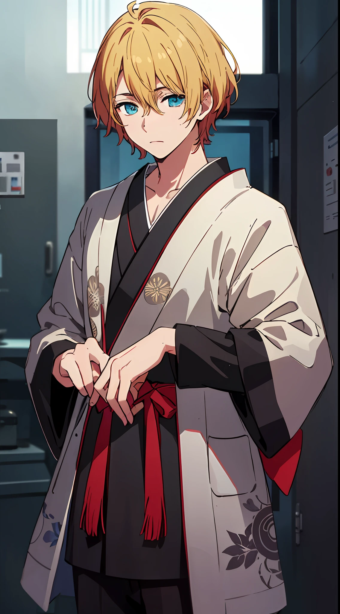 The image of an anime guy with a unique color scheme is a blonde with partially brown hair, blue and yellow shades of eyes, in a mysterious kimono. 8k quality with high detail, creating a masterpiece impression. The theme of mysticism with the world of hellish paradise adds mystery and appeal to this work of art, and its background with a shower gives the atmosphere of a Tokyo ghoul.