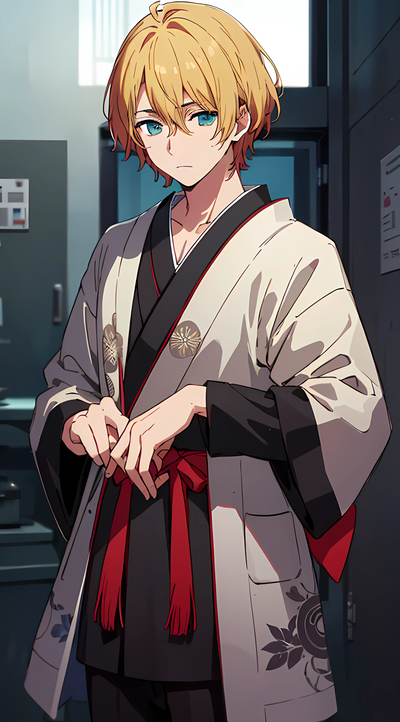 The image of an anime guy with a unique color scheme is a blonde with partially brown hair, blue and yellow shades of eyes, in a mysterious kimono. 8k quality with high detail, creating a masterpiece impression. The theme of mysticism with the world of hellish paradise adds mystery and appeal to this work of art, and its background with a shower gives the atmosphere of a Tokyo ghoul.