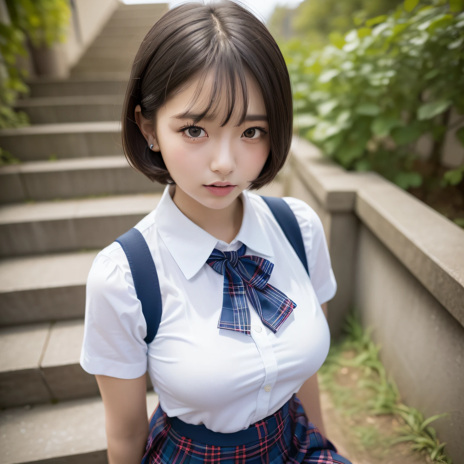 , (((Top Quality, 16k, Masterpiece: 1.3)), Ultra-Realistic, Masterpiece, Sharp Focus, Super Detail, Absurdity, High Resolution, Dynamic Lighting, 50mm Portrait, City, Night, Cute, Glossy Skin, Delicate Face, Surprised Look, White Shirt, Blue Ribbon, Shortcut Hair, Dark Blue Pleated Skirt with Tartan Plaid Pattern, ( ((skirt flips: 1.5)))), ((Lower body shows white underwear: 1.4)))), angle from diagonally down, baby face, t top, descending stairs, (taken from overhead to knees: 1.4)