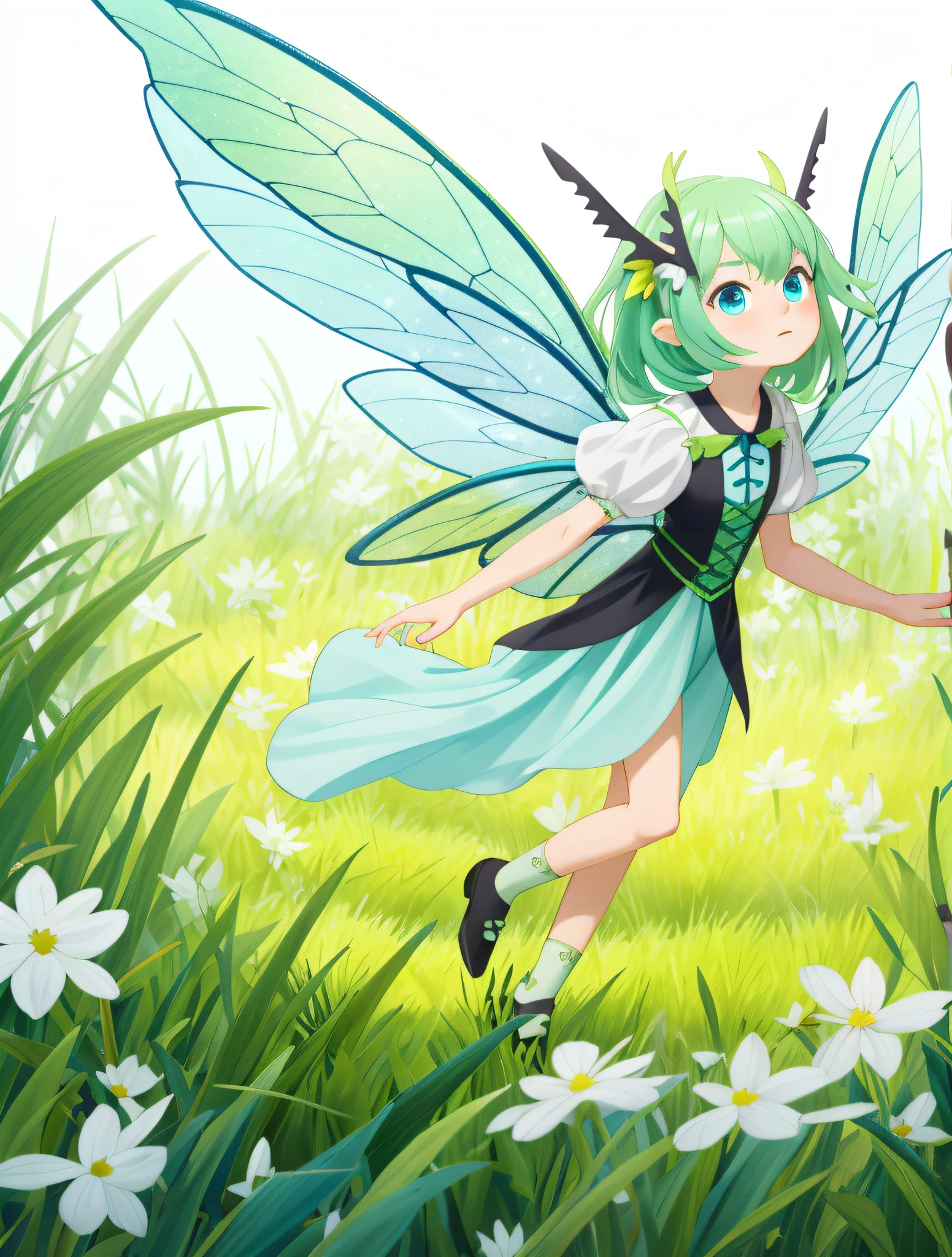 Fairy, (monster girl), pale green skin, pale green antennae with blue tips, upcurved grass-green hair, big blue eyes ringed in black, translucent white fairy wings, green fairy outfit, masterpiece, best quality