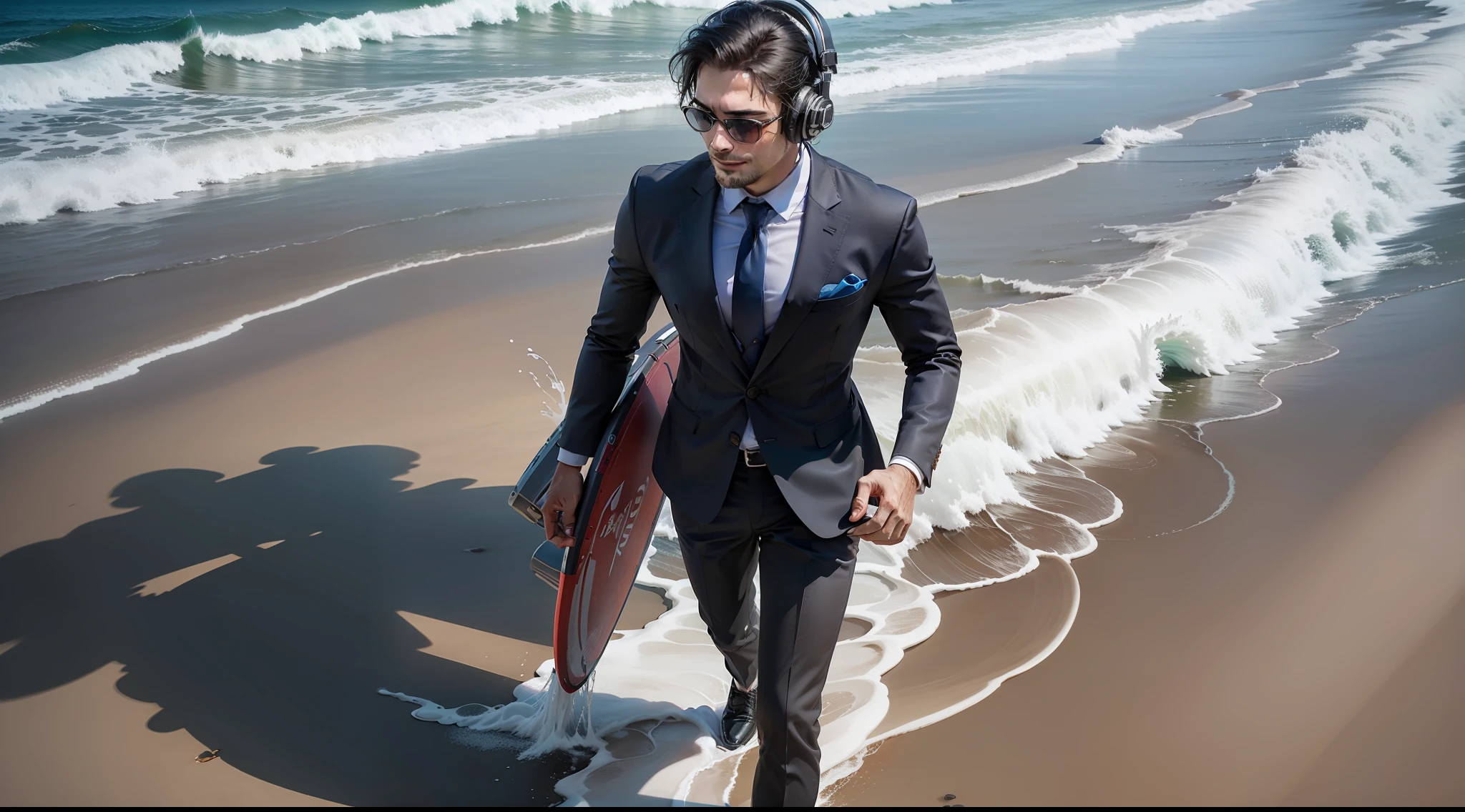 lawyer, suit, red tie, beach, swinging waves, perfect waves, fiji islands, bodyboard, standing, air angle, watching the waves break, furrowed brow, headphones, seductive smile, contemporary art, Fujicolor, Canon, atmospheric perspective