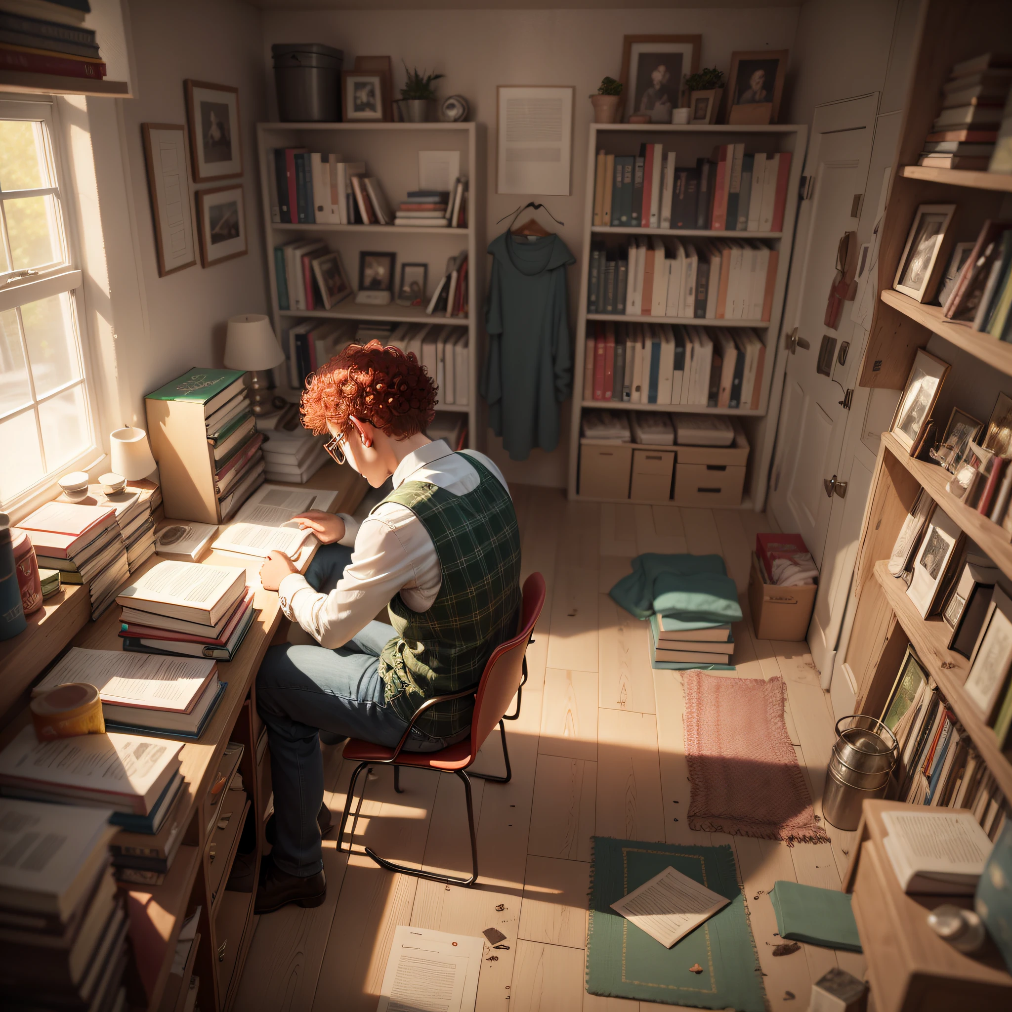 16k hyperealist image depicting a dark, filthy basement filled with clothes and books scattered throughout. In the background sitting in a secluded chair is a chubby boy with red hair, short curly hair and with round glasses, red eyebrows, green eyes, freckles, plaid shirt and vest, tie, is sitting with his back to the stairs with his head down flipping through a book. Next to it is a cage.