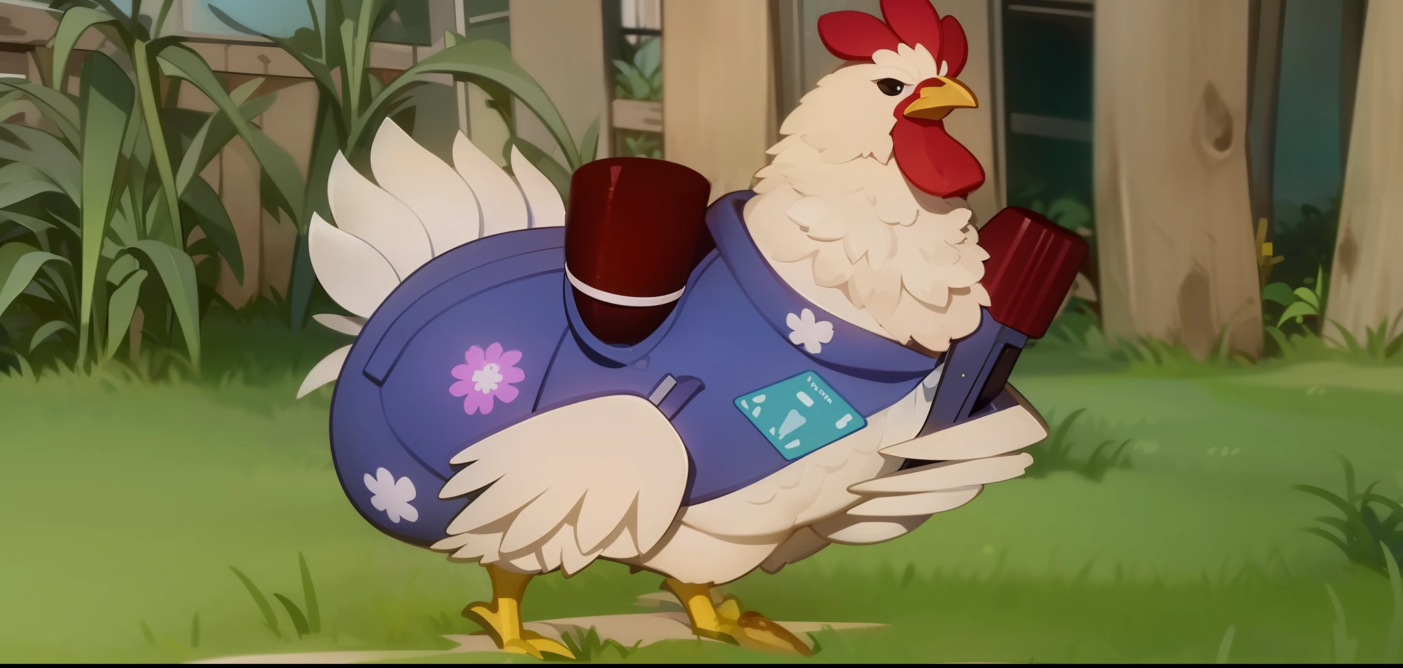 Chicken in bulletproof vest and a corn gun.