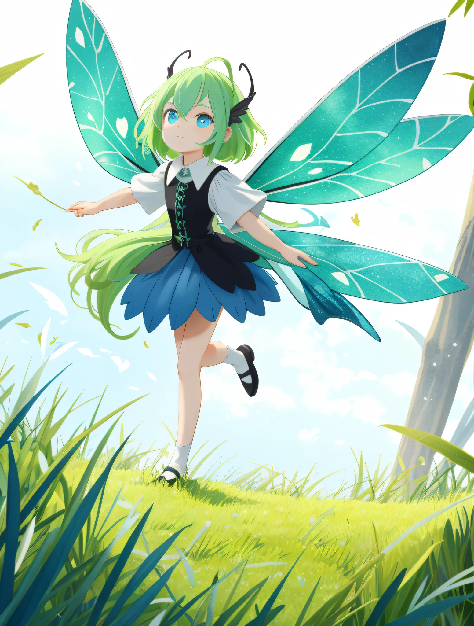 Fairy, (monster girl), pale green skin, pale green antennae with blue tips, upcurved grass-green hair, big blue eyes ringed in black, translucent white fairy wings, green fairy outfit, masterpiece, best quality