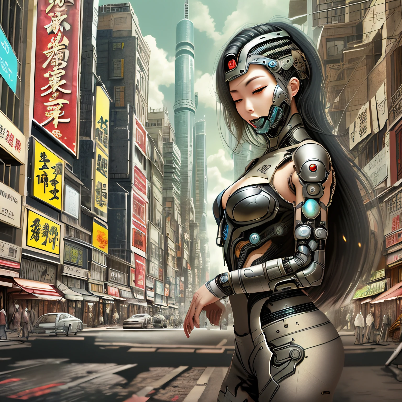 Cybernetic Woman is left side of Asian image wearing Japanese kimono background city post apocalyptic