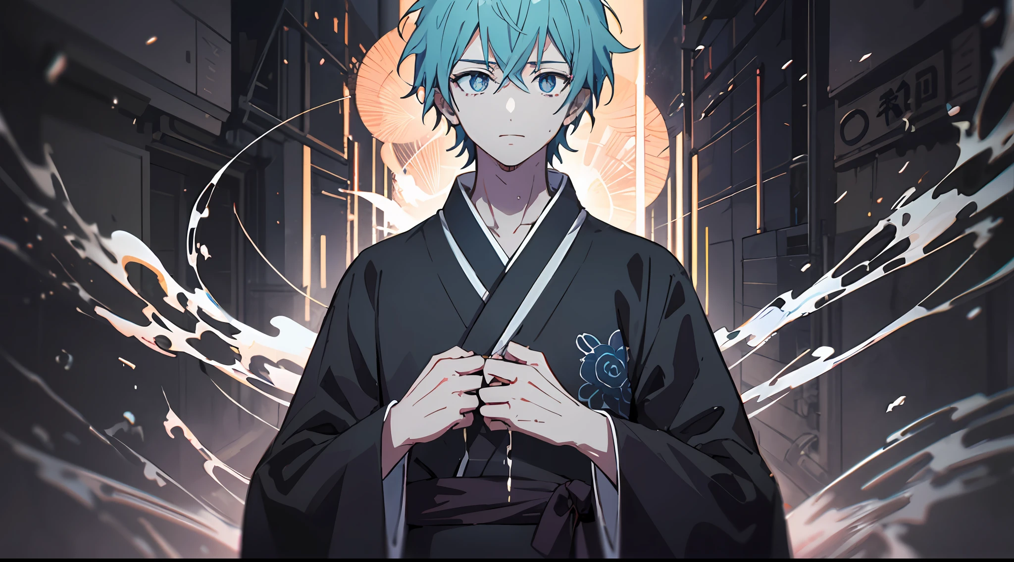 The image of an anime guy with a unique color scheme is a blonde with partially brown hair, blue and yellow shades of eyes, in a mysterious kimono. 8k quality with high detail, creating a masterpiece impression. The theme of mysticism with the world of hellish paradise adds mystery and appeal to this work of art, and its background with a shower gives the atmosphere of a Tokyo ghoul.