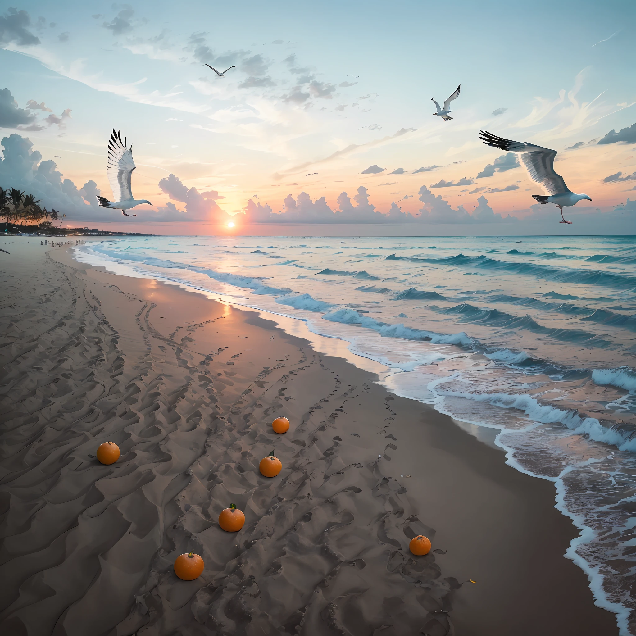 Oranges, pinks and yellows blend together to fill the sky, and the sunset over the beach is truly mesmerizing. The crystal clear waters gently kiss the coast, and the white sand beach stretches out endlessly. It's a dynamic and breathtaking scene with seagulls soaring high into the sky and palm trees gently swaying. Take in the calm atmosphere and peace will wash you away. --auto