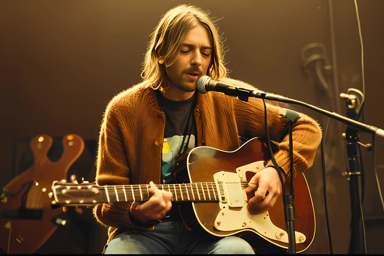 arafed man with a guitar and microphone in front of a microphone, kurt cobain, nirvana, inspired by Kurt Trampedach, thom yorke age 2 5, eddie, post grunge, performing, thom yorke (guitar), he is wearing a brown sweater, awwwww, exclusive, thom yorke singer songwriter, unreleased, nostalgic heart-warming