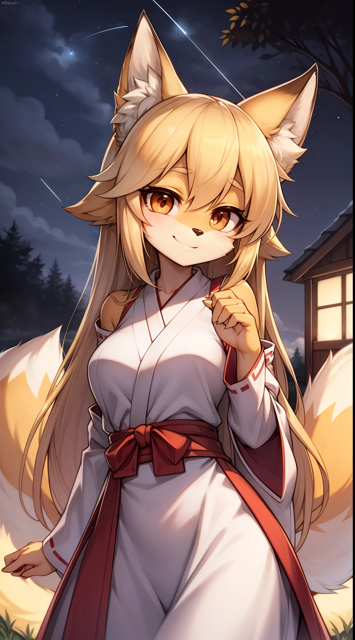 Fox girl, furry, furry, golden fur, golden face fur, long blonde hair, reddish-orange gradient eyes, super cute face, brown element on fur, miko, beautiful lights and shadows, ambient light, super fine fur, volumetric light, night, clouds and stars in the sky, starry sky outside, shooting stars, natural lighting, smile, fluffy tail, color contact lenses