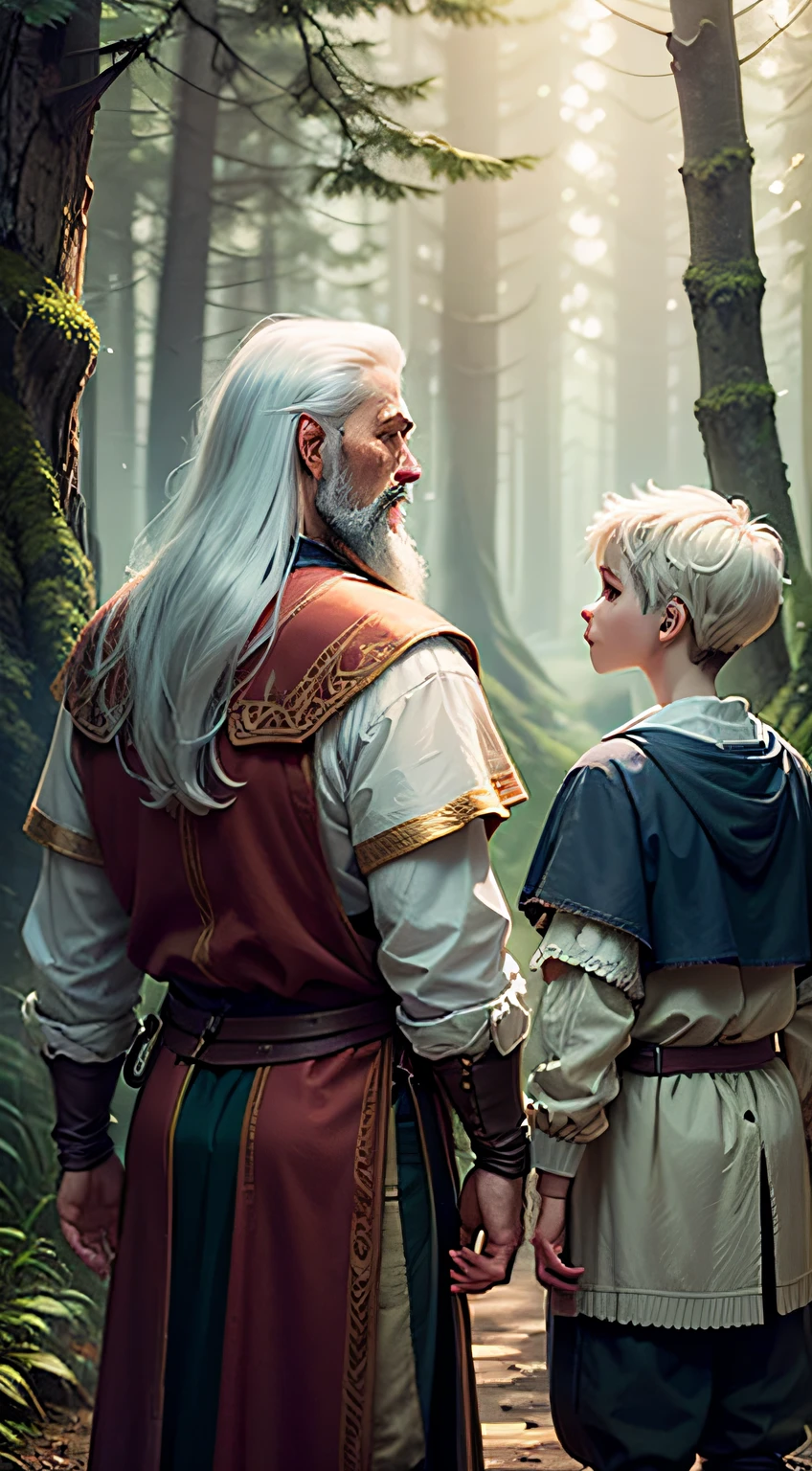 An adult druid of about 60 years with a beard and white hair and a boy of about 20 years in front of a forest Magics, medieval fantasy, 4K, ultra definition, no mistakes, the two together looking at forest, with their backs to me, the druid has good clothes and the boy has peasant clothes