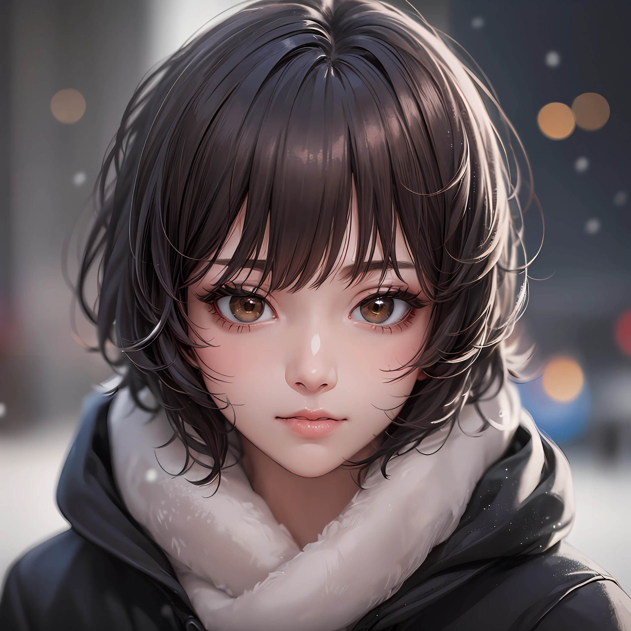 Realistic photography, extremely detailed face, blurred background, extreme quality lens camera, low, simple, almost dark lighting, a beautiful woman wearing a black overcoat, brown eyes, short hair with bangs, cold and snowy environment --s2