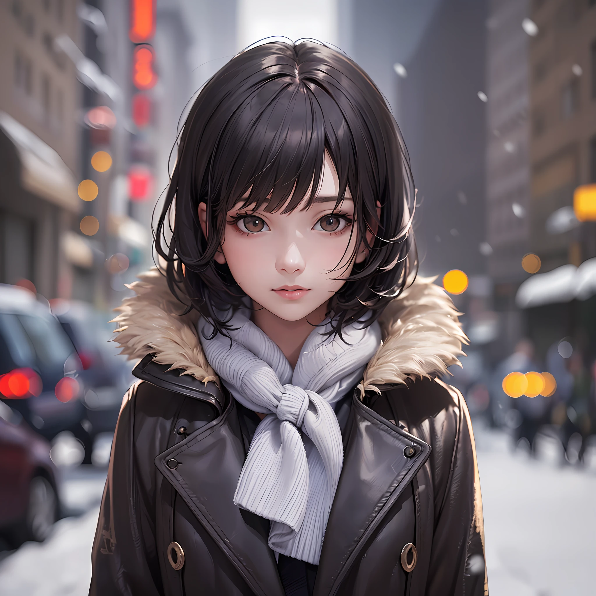 Realistic photography, extremely detailed face, blurred background, extreme quality lens camera, low, simple, almost dark lighting, a beautiful woman wearing a black overcoat, brown eyes, short hair with bangs, cold and snowy environment --s2