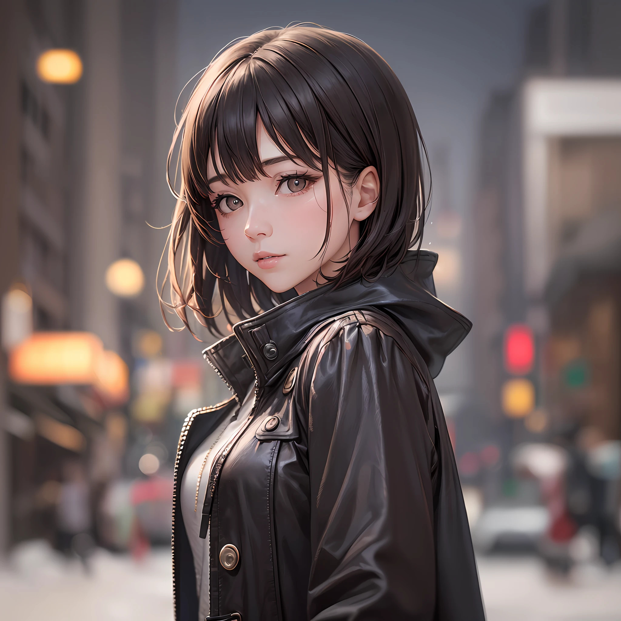 Realistic photography, extremely detailed face, blurred background, extreme quality lens camera, low, simple, almost dark lighting, a beautiful woman wearing a black overcoat, brown eyes, short hair with bangs, cold and snowy environment --s2