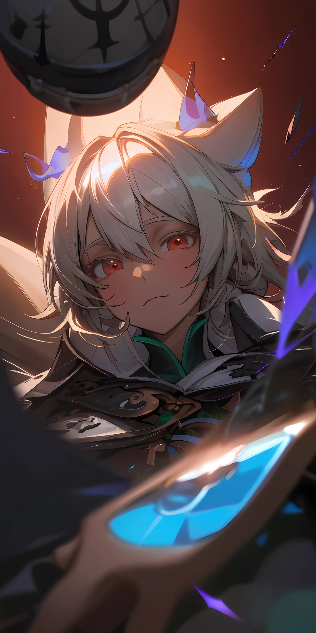 (masterpiece, best quality, ultra-detailed, best shadow), (detailed background,dark fantasy), (beautiful detailed face), high contrast, (best illumination, an extremely delicate and beautiful), ((cinematic light)), colorful, hyper detail, dramatic light, intricate details, (1 girl, solo,, sharp face,low twintails,red eyes, hair between eyes,dynamic angle), blood splatter, swirling black light around the character, depth of field,black light particles,(broken glass),magic circle,