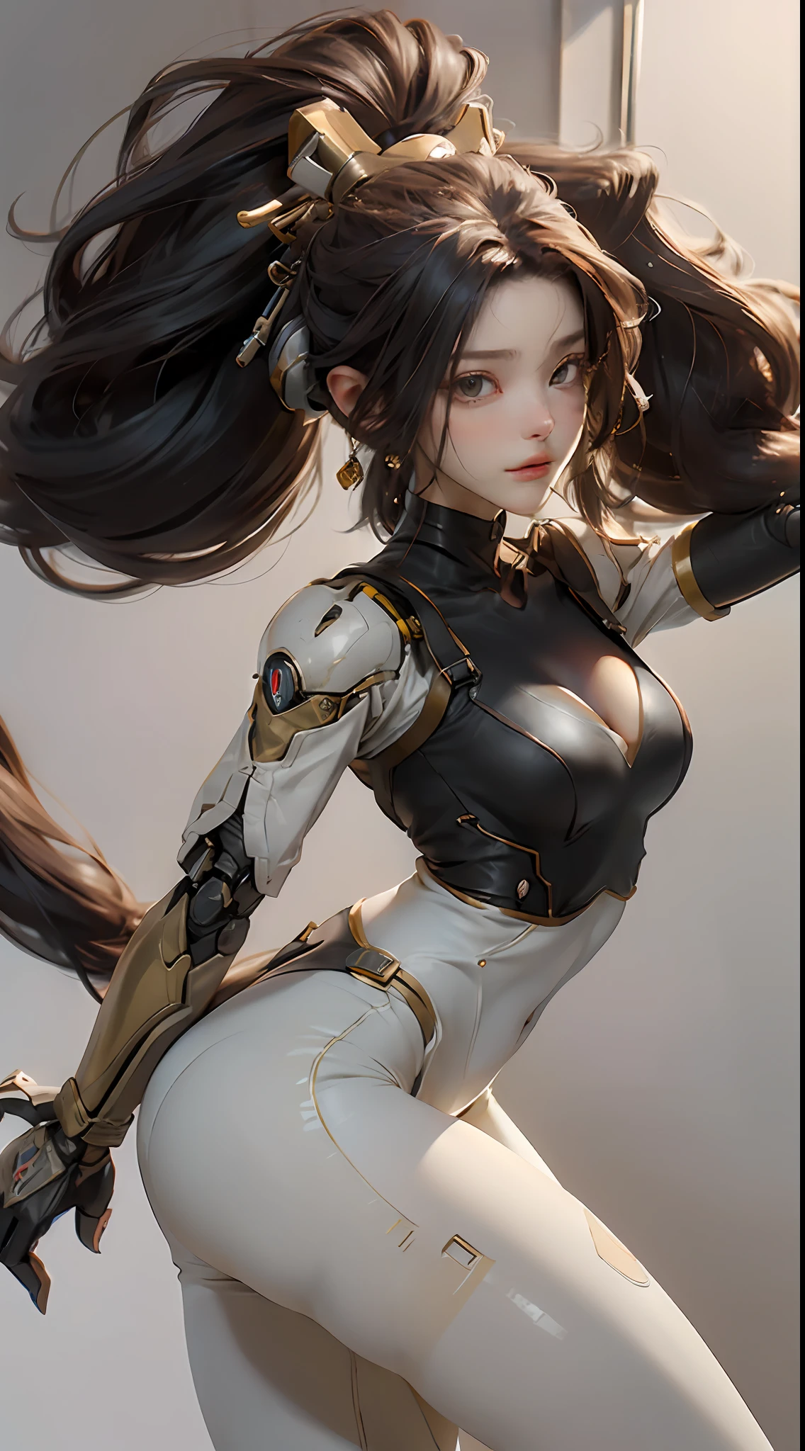 open legs wide, gold color, head and full body, Extremely cute human  girl face, human torso, human huge boobs, human abdomen, human hips, human arms, mechanical legs, arms and legs with hard white shiny shell and black joints, very beautiful and feminine, short, petite, small, small, busty buttocks, medium bust, cleavage display, flat belly display, partial helmet with antenna on the ear, black robot joints, very stylish, award-winning product design, black rubber tights, The shiny white metal breastplate opens at the cleavage and abdomen, the white metal buttocks are wrinkled, and the armor has stylish, glowing trims