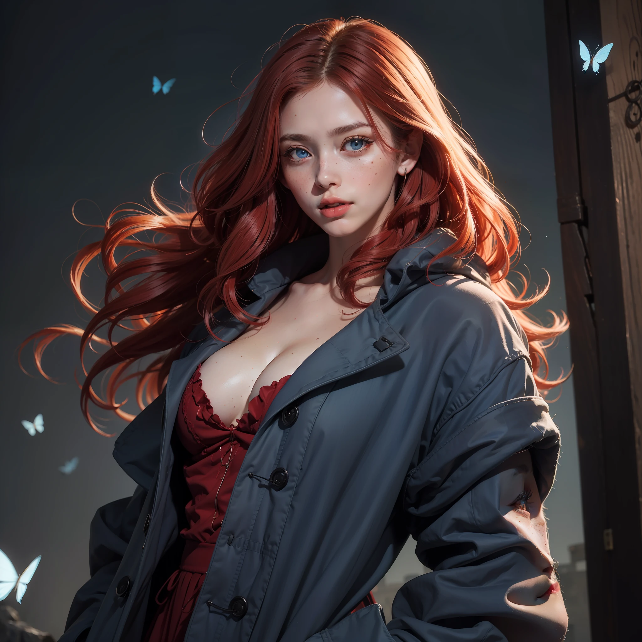 (absurd, highres, ultra detailed), 1 woman, adult, beautiful, tall woman, finely detailed eyes, light red colored hair, wavy long hair, demon behind woman, complex pattern, detailed face, adult face, hand lowered, mouth closed tightly, (Dutch angle), coat overcoat, night, dark blue eyes, butterflies flying around, freckles, adult face, mature