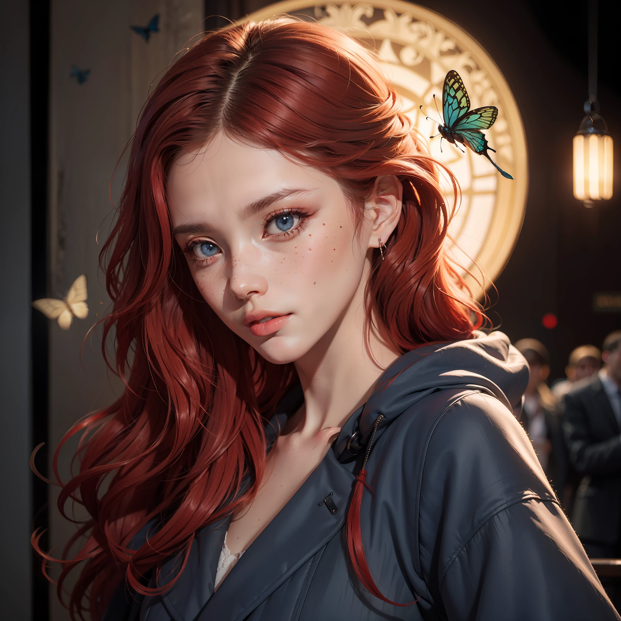 (absurd, highres, ultra detailed), 1 woman, adult, beautiful, tall woman, finely detailed eyes, light red colored hair, wavy long hair, demon behind woman, complex pattern, detailed face, adult face, hand lowered, mouth closed tightly, (Dutch angle), coat overcoat, night, dark blue eyes, butterflies flying around, freckles, adult face, mature
