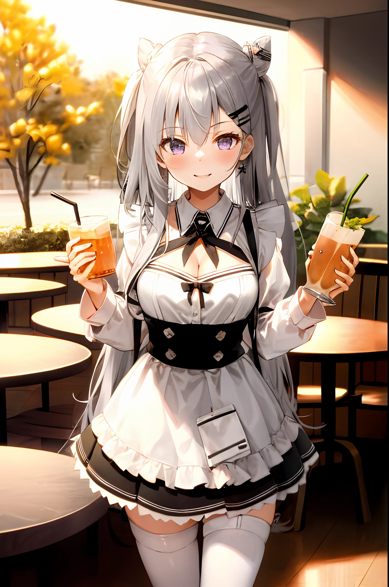 Zeta, hololive id, 1girl, solo, maid dress, meidofuku, maid uniform, maid, black thighhighs, breasts, cleavage, pleated skirt, hair between eyes, long hair, hair ornament, double cone hair bun, looking at viewer, messy hair, silver hair, purple eyes, solo, thighhighs, thighs, long hair, ((masterpiece)), standing, sexy pose, blush, shy, smile, closes mouth, cafe, table, food, drink, chair, indoor, serving cafe, taking cafe order,