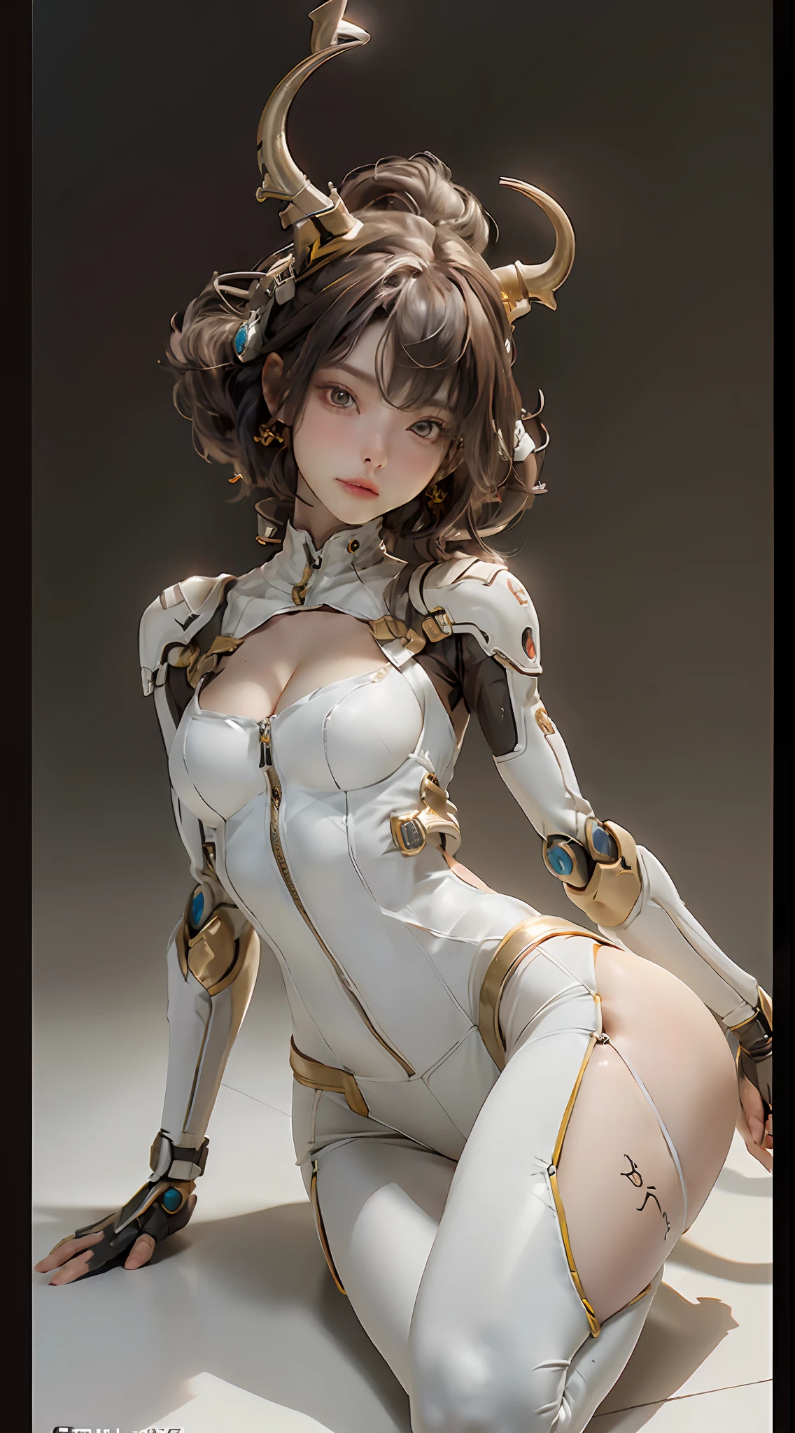 open legs wide, gold color, head and full body, Extremely cute human eighteen year old girl face, human torso, human huge boobs, human abdomen, human hips, human arms, mechanical legs, arms and legs with hard white shiny shell and black joints, very beautiful and feminine, short, petite, small, small, busty buttocks, medium bust, cleavage display, flat belly display, partial helmet with antenna on the ear, black robot joints, very stylish, award-winning product design, black rubber tights, The shiny white metal breastplate opens at the cleavage and abdomen, the white metal buttocks are wrinkled, and the armor has stylish, glowing trims