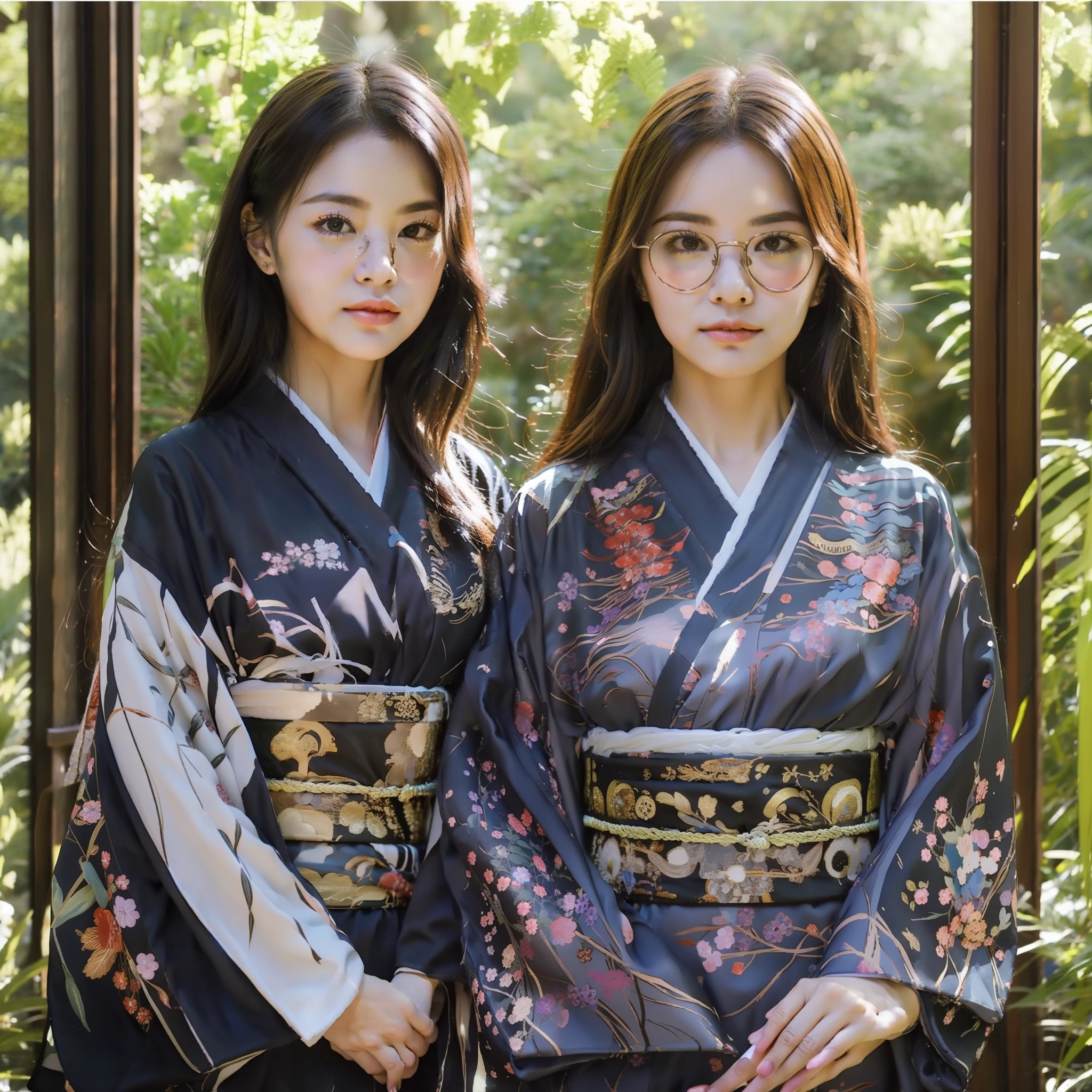 A beautiful sl Japan ender young girl with black hair is standing in a blue kimono on the left, standing indoors in a Japan with nature background, and on the right is a fair-skinned, slender young Russian girl with light brown hair, round glasses on her face, eyebrows just above her eyes, wearing a purple kimono printed with several different Sanrio characters, Photorealistic photography, masterpieces
