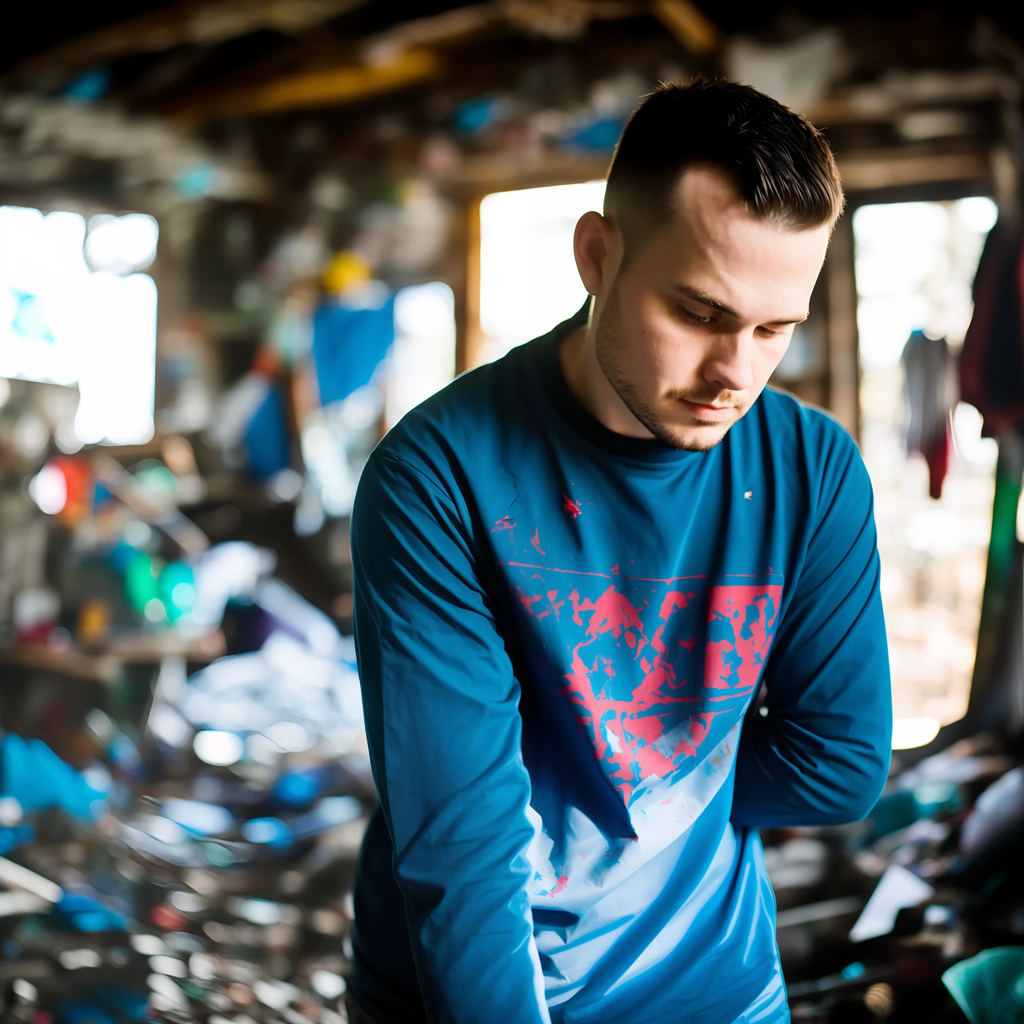 28 years old zenke2 profile avatar photo, canon 35mm, style, wide angle Environmental photo of Cyborg in a messy and messy shack, action shot, torn tattered shirt, cracked porcelain skin, (vibrant, realistic photo, realistic, dramatic, dark, sharp focus, 8k).