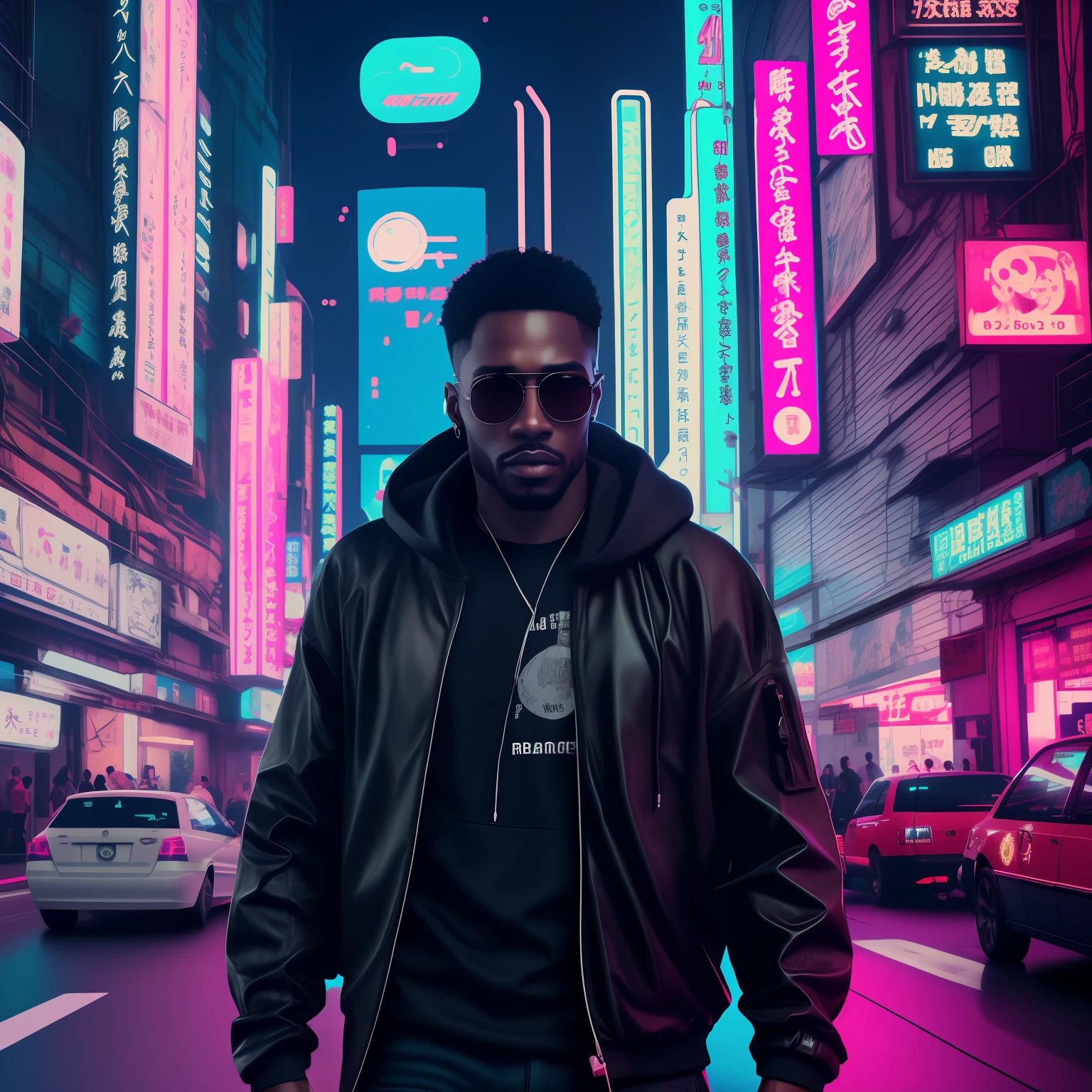 Realistic black man in a cyberpunk black coat in a neon Japanese city, handsome face and microphone