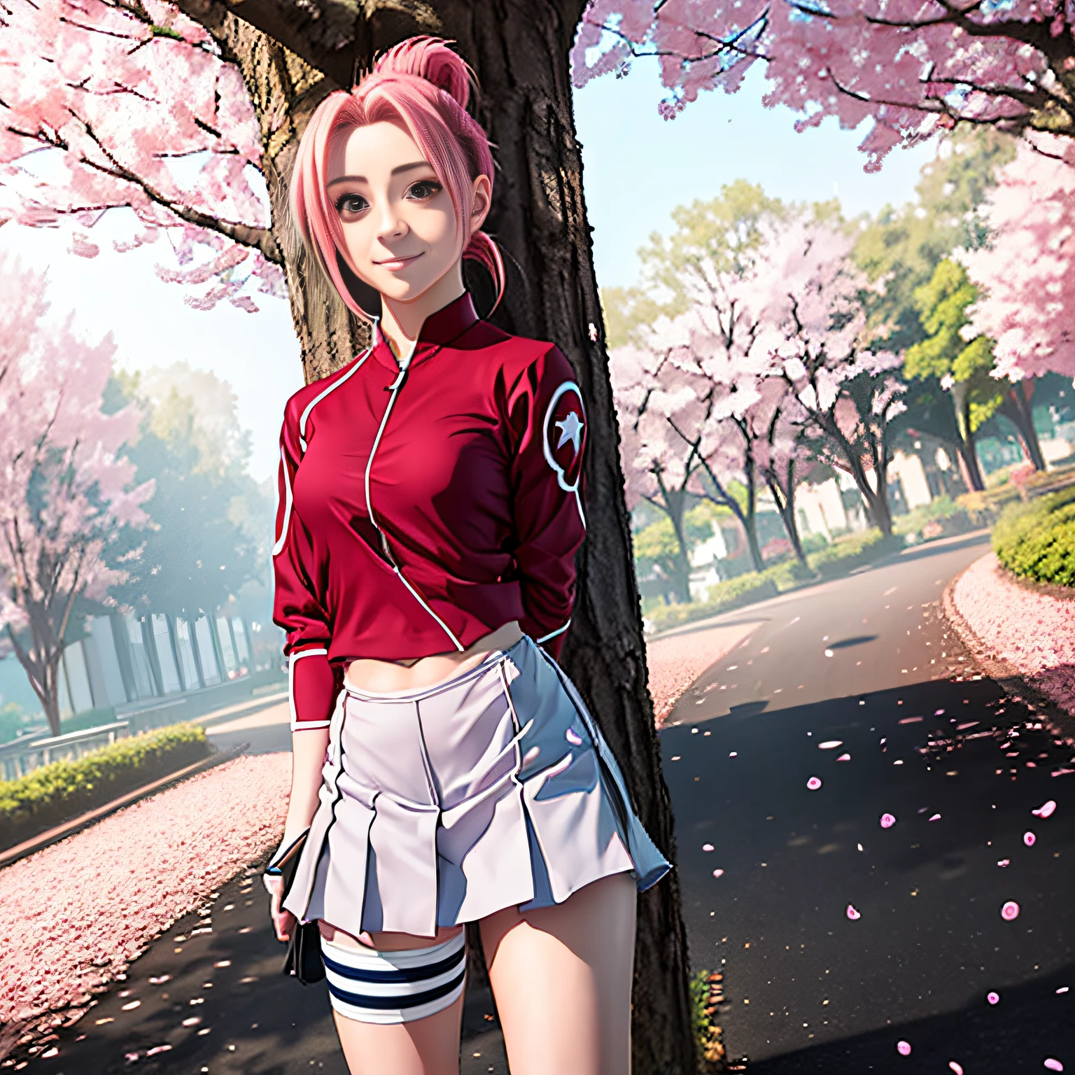 1 girl, full body, blosson powerpuff girl Z,, red swimsuit with tiny mini skirt red, underweare cameltoe, big cameltoe, focus cameltoe, white tights size 7/8, jacket without sleeves pink, sneakers all-star red, 8k, ultra detail, schoolgirl, pink hair, small breasts, (wide hips:1.2), standing, smile, school uniform, blue miniskirt, hands at sides, looking at viewer, outside, near tree, arms behind back, (road:0.6), pov, looking at viewer, facing viewer, perfect eyes, red eyes, cherry blossom, ((ponytail hair)) --auto