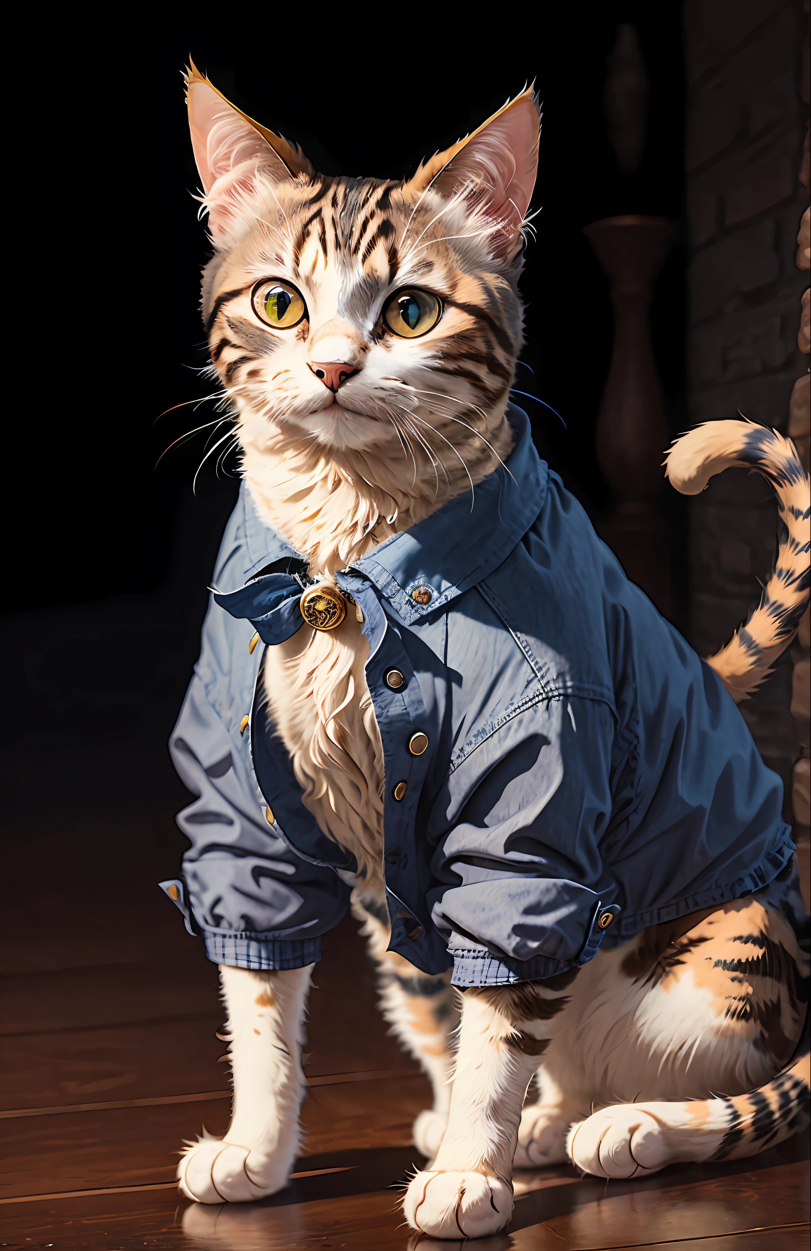 ((a cat in clothes)),，full shot，fluffy hair, anthropomorphic expressions, rich colors, exquisite details, masterpiece, realistic，artsation, cg, realistic, Unreal Engine , real light and shadow, beautiful rich colors, amazing details, high quality，a pair of ears