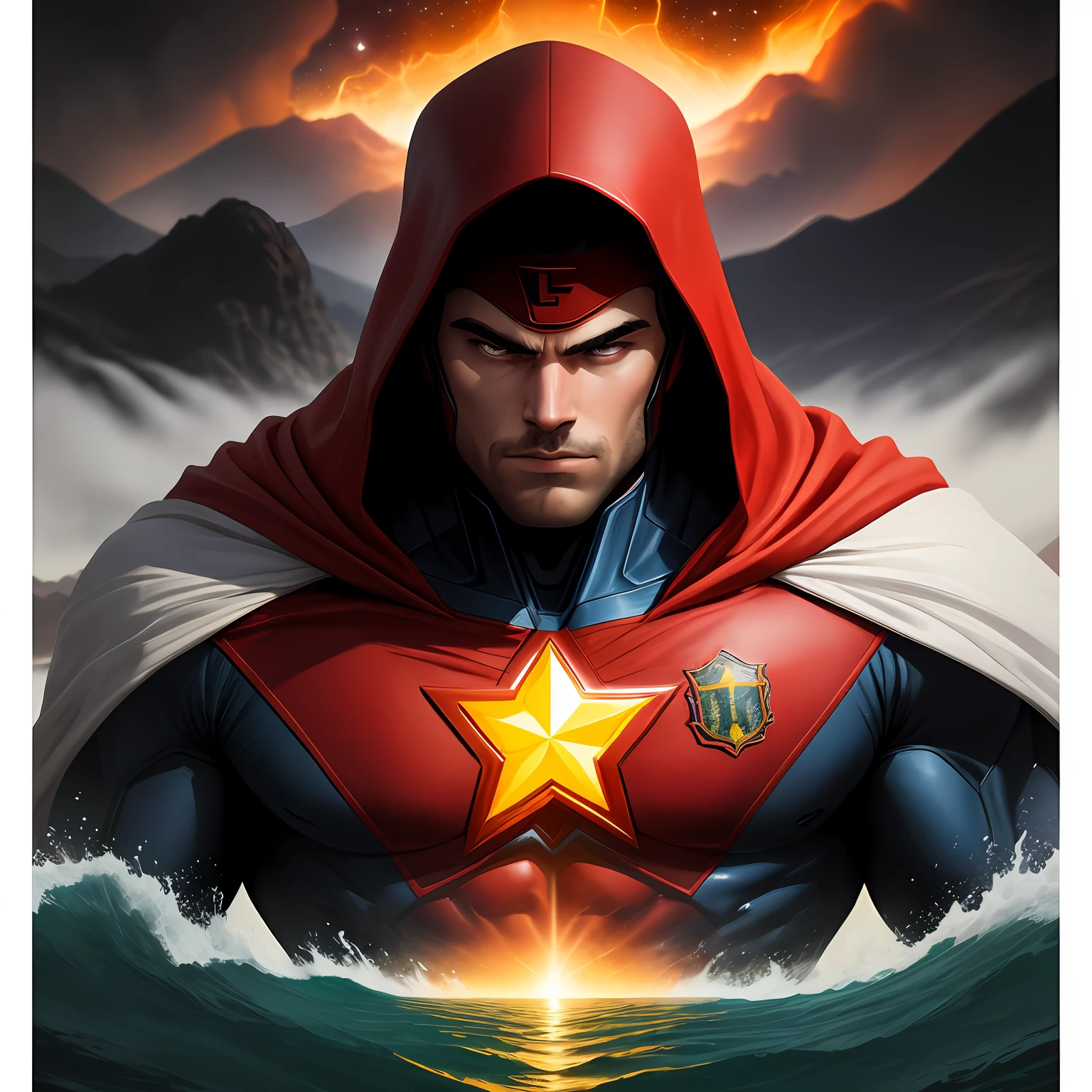 A superhero in white uniform with red cape, emblem on the chest, muscular and a beautiful land full of water and lava, intricate, masterpiece, expert, insanely detailed, 4k, composition, framing, centered, symmetry, painted, intricate, volumetric lighting, rich masterpiece of deep colors, sharp focus, ultra detailed, in the style of dan mumford and marc simonetti, astrophotography