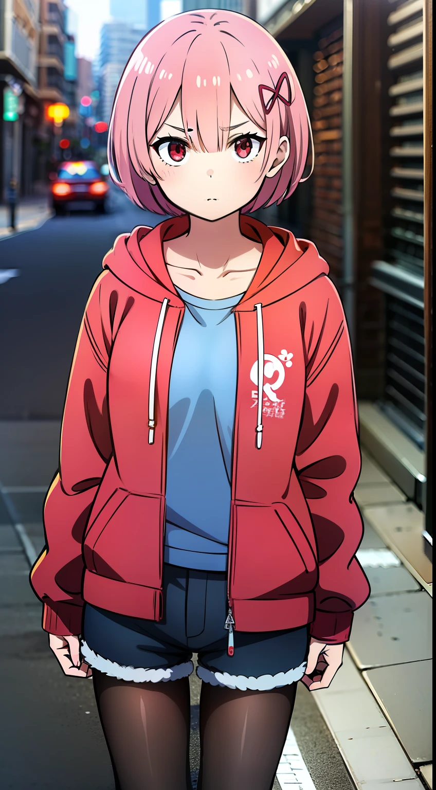 masterpiece, rem rezero, pink hair, red eyes, detailed eyes, serious face, red jacket hoodie, blue shirt, dark shorts, pantyhose, casual oufit, crossed arms, standing in the middle of the street, legs apart, looking at the viewer,