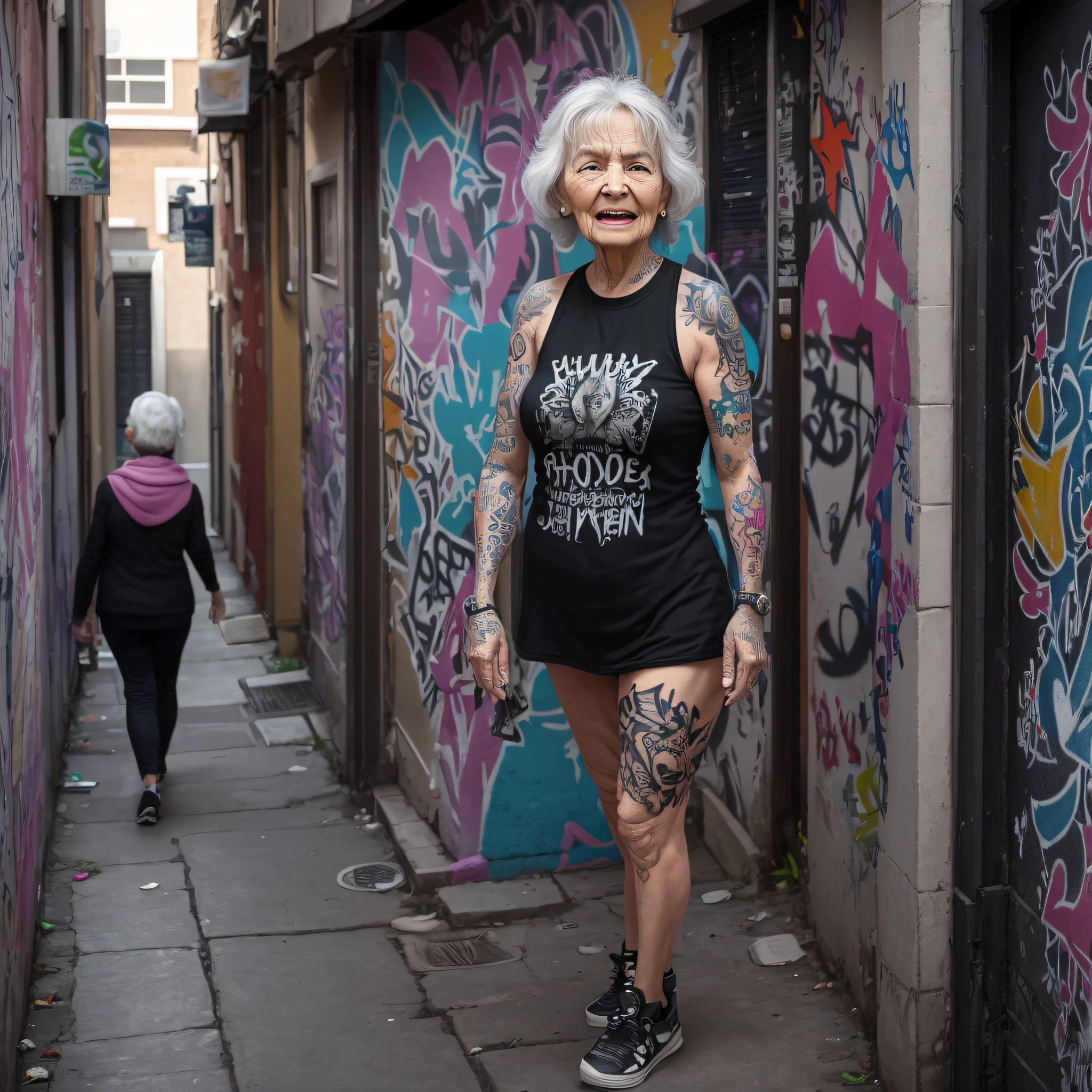 Elderly woman with her body covered in tattoos without full body front clothes, standing in the background in an alley, with houses and walls with graffiti design. A bold blend of urban graffiti and intricate body art that depicts a unique story in each tattoo, while an elderly woman brings with her an expression of strength and accumulated experience.