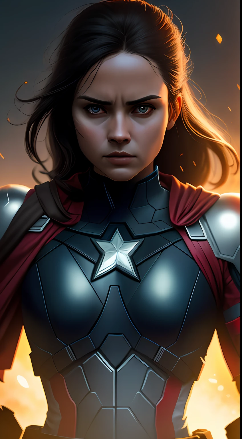 (dark shot: 1.1), epic realistic, Woman dressed as Captain America in the dark with glowing eyes and glowing cape, soft cinematic light, Adobe Lightroom, darkroom, HDR, intricate, highly detailed, (depth of field: 1.4), hyper-detail (artstation: 1.4), cinematic, warm light, dramatic light (complex details: 1.1)