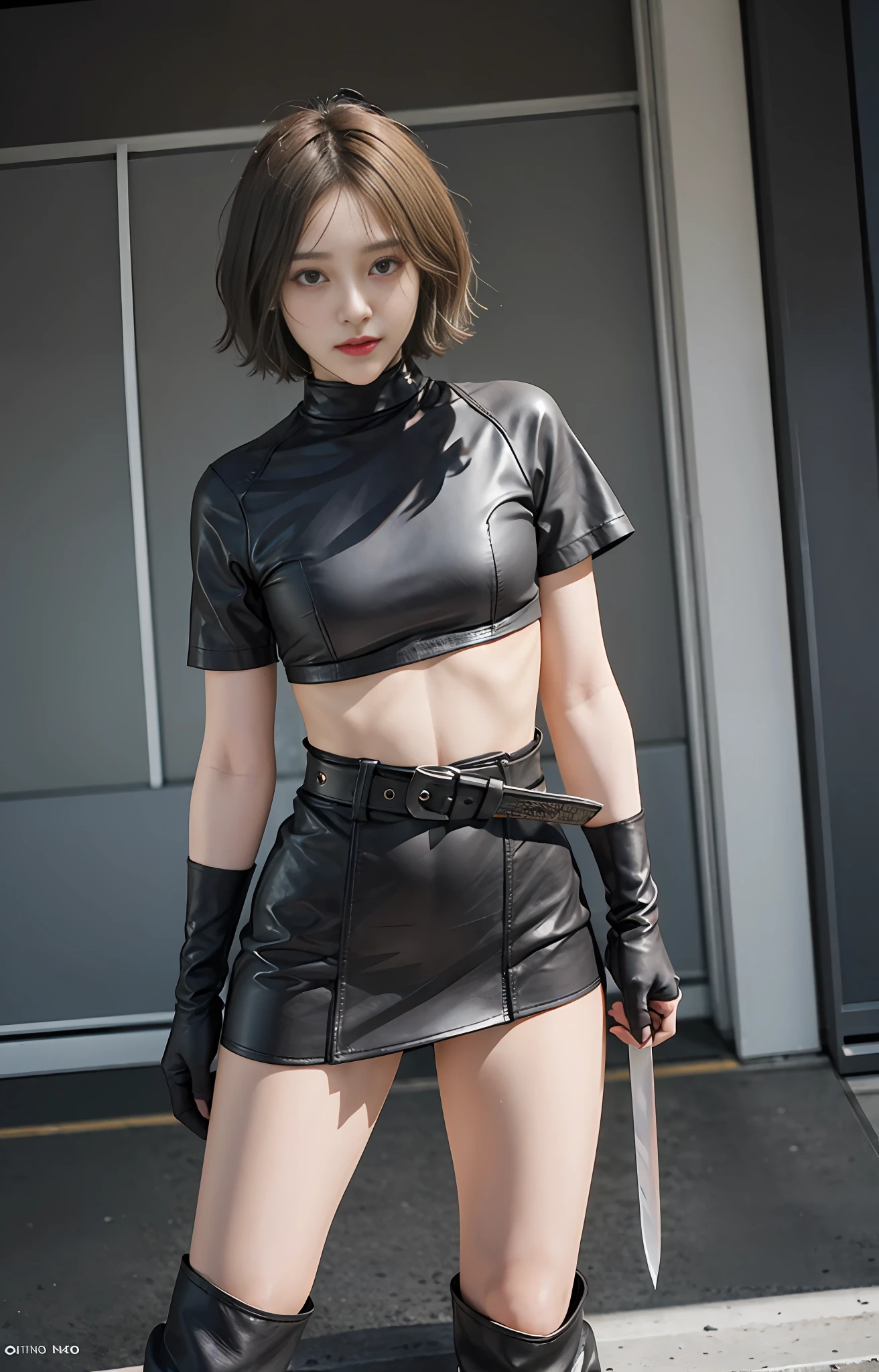 Official art, extremely detailed CG Unity 8k wallpaper, best quality, masterpiece, high resolution, pretty girl ninja, short hair, black cropped top leather armor, brown belt, scabbard on thigh, Japanese sword, leather gloves, black mini leather skirt, black over-the-knee flat boots, tight leather, full body photo, melon face, small face, fell to the ground, skirt leaking, open legs, no panties, blood, bloody scar on the stomach,