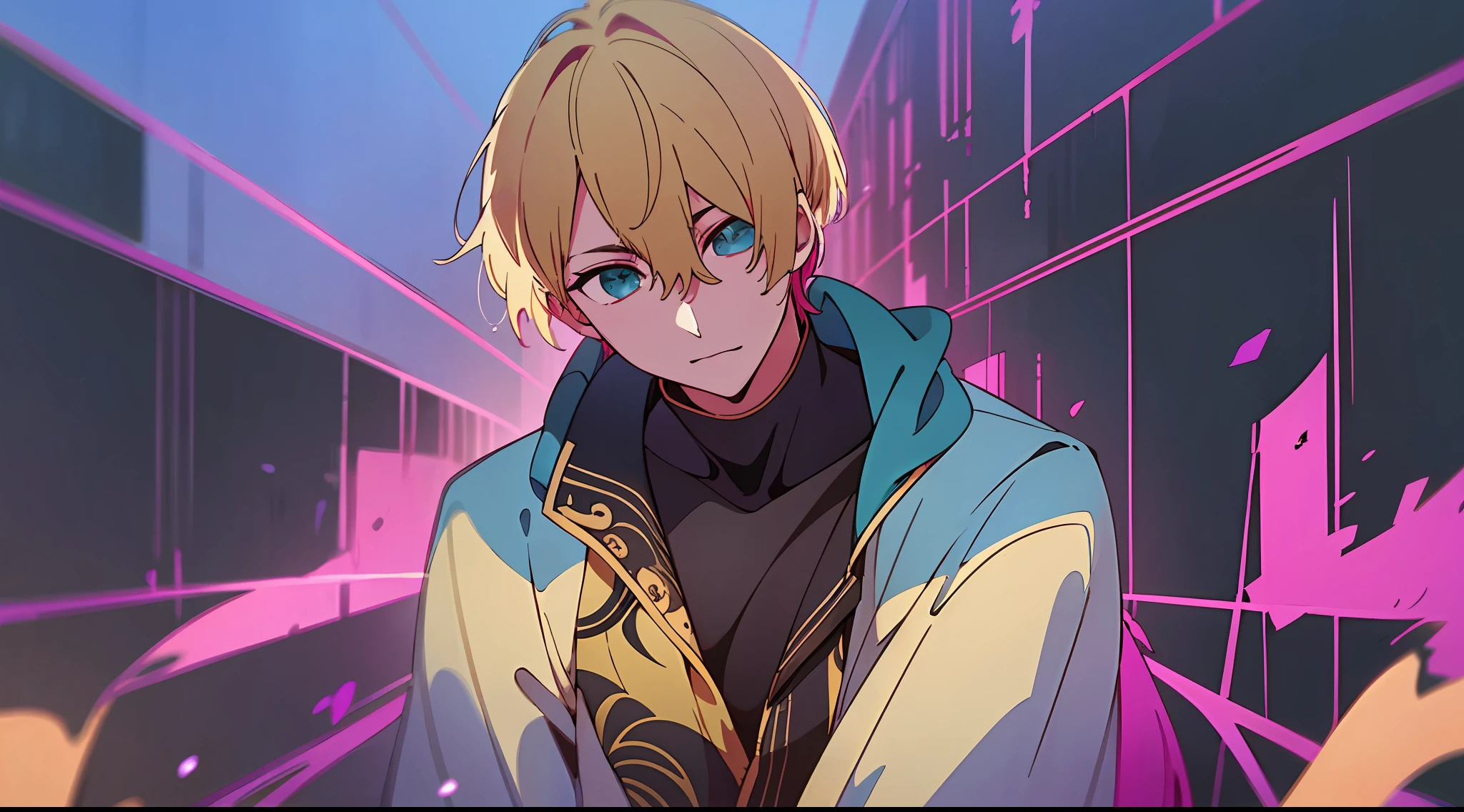 The image of an anime guy with a unique color scheme is a blonde with partially brown hair, blue and yellow shades of eyes, in a mysterious kimono and joggers. 8k quality with high detail, creating a masterpiece impression. The theme of mysticism with the world of hellish paradise adds mystery and appeal to this work of fiction, and its backlit background gives the atmosphere of a Tokyo ghoul.