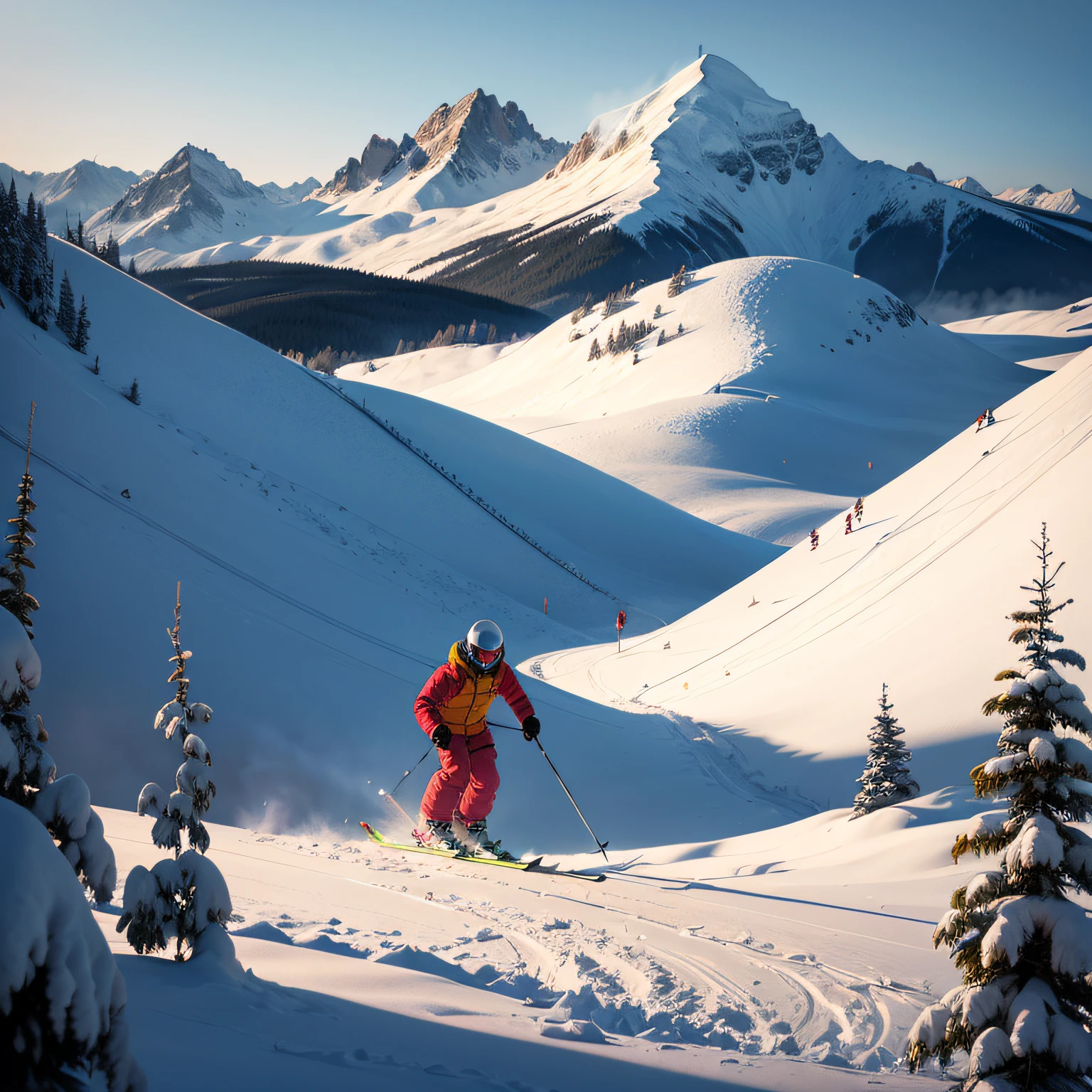 Illustration, pastel color, vibrant colors, vector, skiers on a snowy mountain slope with a lodge in the background, whistler, chile, : psychedelic ski resort, chilena, stunning skiing, psychedelic ski resort, by Edwin Georgi, by Cedric Peyravernay, by Etienne Delessert, skiing, stunning skiing, sharp smooth lines, by Werner Andermatt, snow, 5 7 9, on the mountain --auto