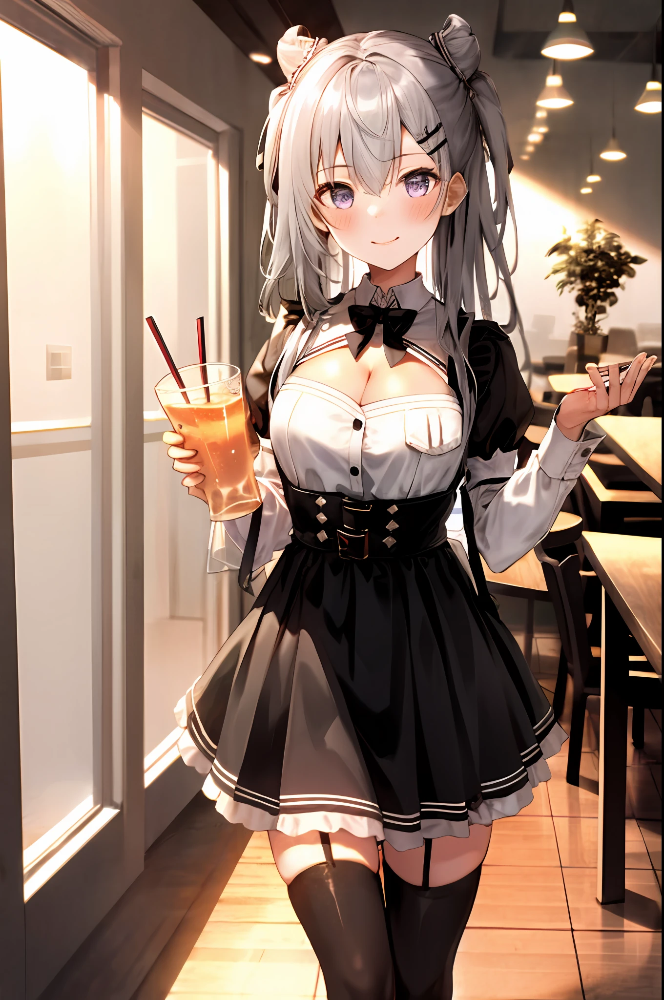 Zeta, hololive id, 1girl, solo, maid dress, meidofuku, maid uniform, maid, black thighhighs, breasts, cleavage, pleated skirt, hair between eyes, long hair, hair ornament, double cone hair bun, looking at viewer, messy hair, silver hair, purple eyes, solo, thighhighs, thighs, long hair, ((masterpiece)), standing, sexy pose, blush, shy, smile, closes mouth, cafe, table, food, drink, chair, indoor, serving cafe, taking cafe order,